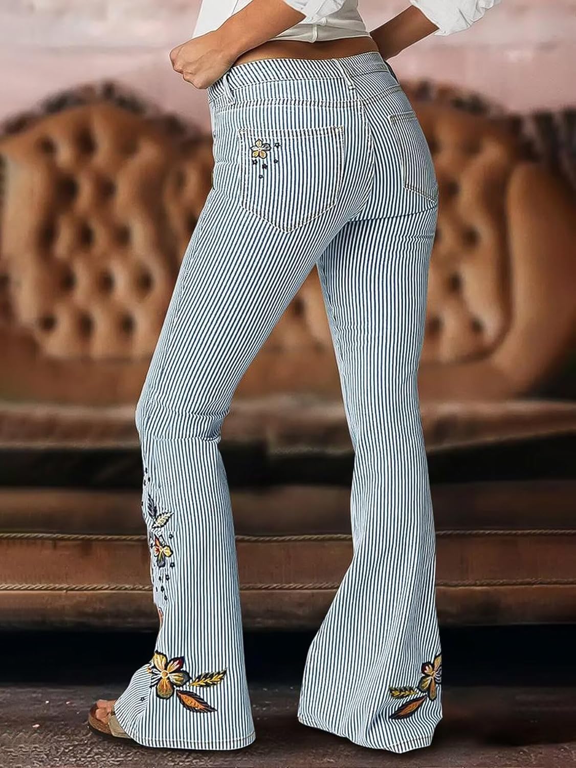 Flamingals Women's Low Rise Stretch Denim Bootcut Jeans with Striped Embroidery Casual Pants - Image 3