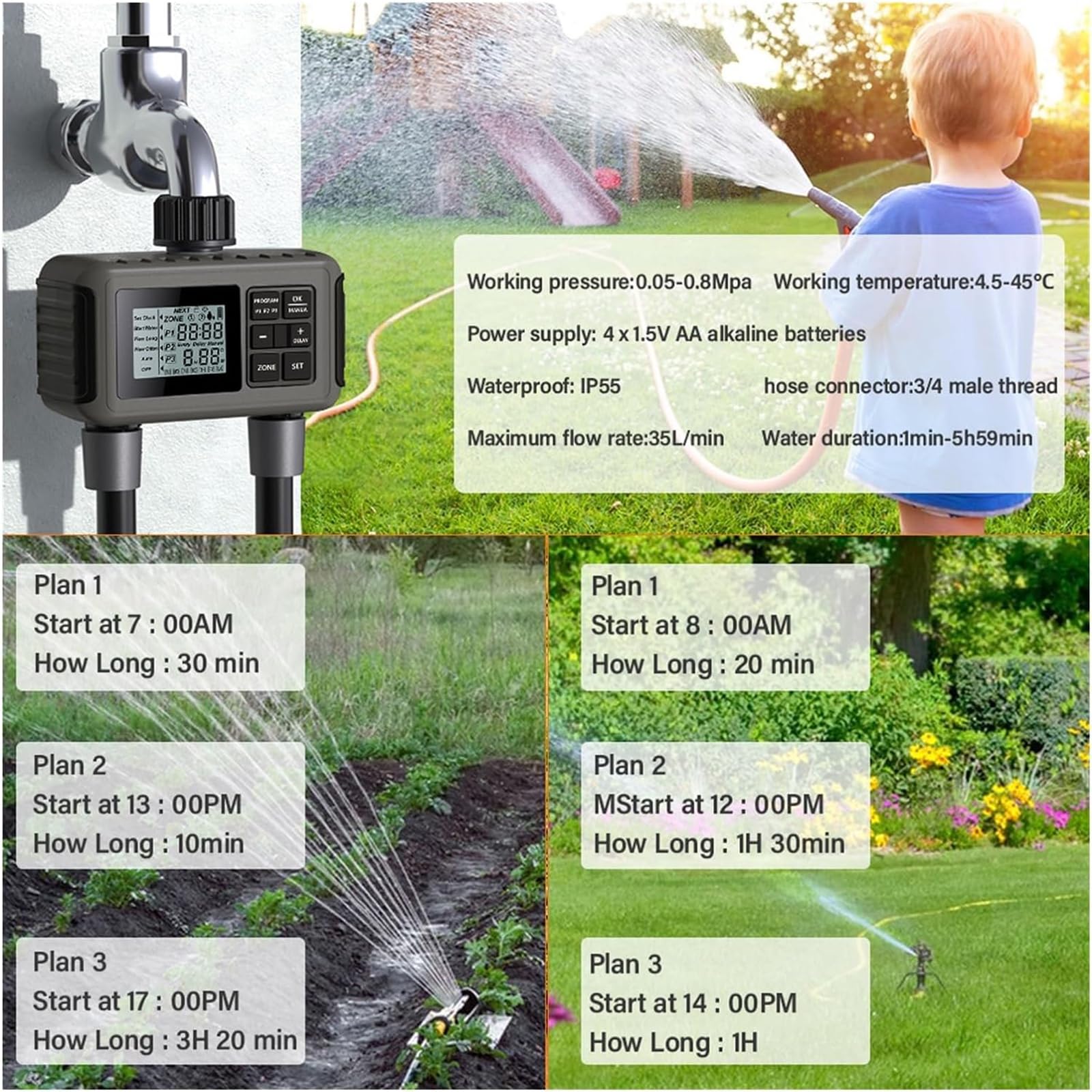 Timer for irrigazione, timer for tubo flessibile, timer for irrigazione for rubinetto da giardino con 2 uscite, timer for tubo flessibile programmabile, controller for sistema di irrigazione con 3 pro