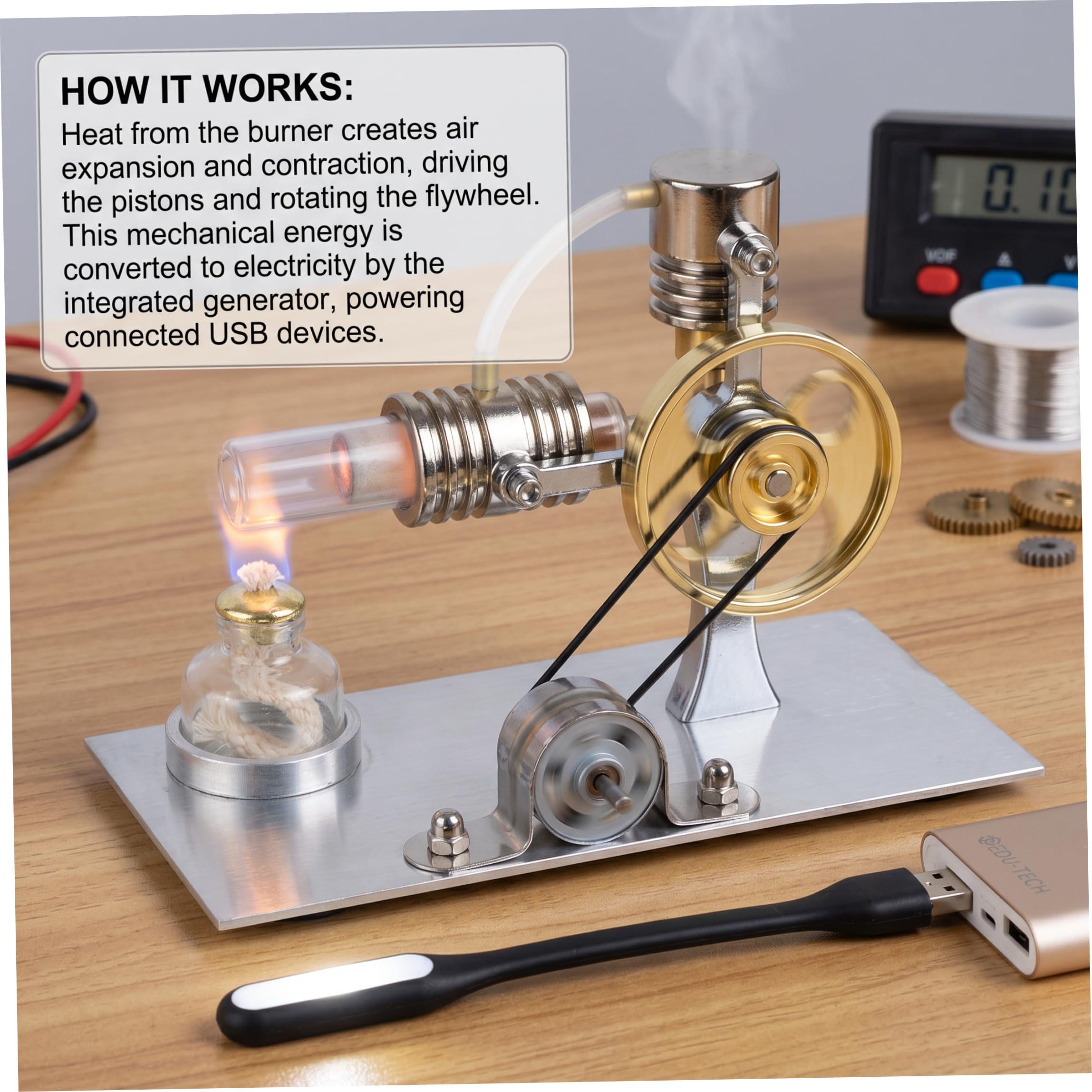 Motor Stirling, generador de motor Stirling en forma de L de metal, modelo de generador de energía con puerto USB y luz nocturna, experimento físico presente para entusiastas de la tecnología y niños