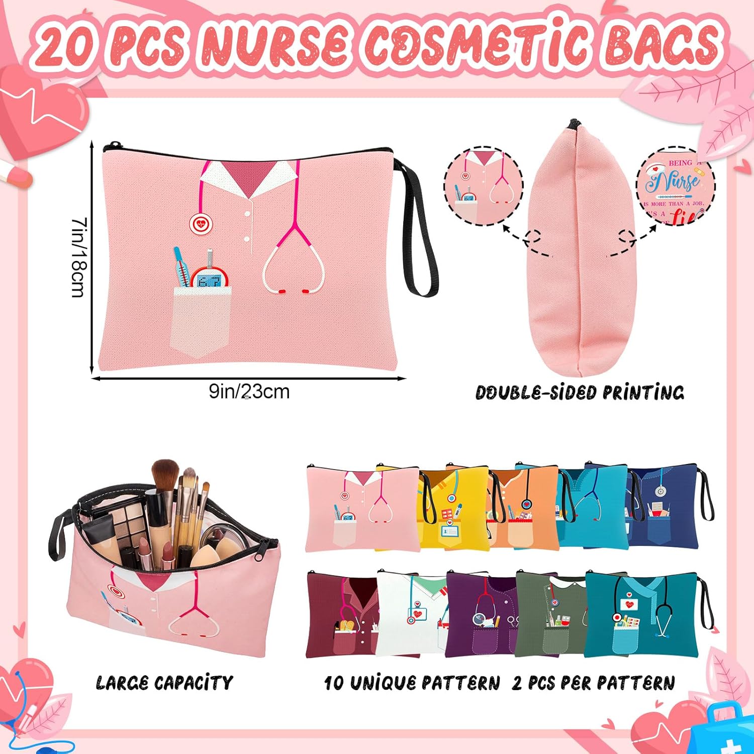 Hushee 20 Pack Nurse Cosmetic Bags Bulk Makeup Bag with Zipper Nurse Gifts for Women 9 x 7 Inches Thank You Gift for Nursing Appreciation Medical Assistant Nursing Graduation(Stethoscope)