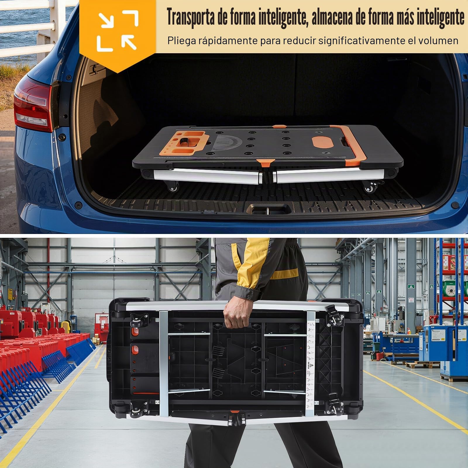 Banco de Trabajo Plegable 7 en 1 Portátil, Plataforma de Trabajo Multifuncional con Capacidad de Carga 150-250kg, Workbench Plegable con Carro de Mano y Tabla de Rodillos, 1090x550mm