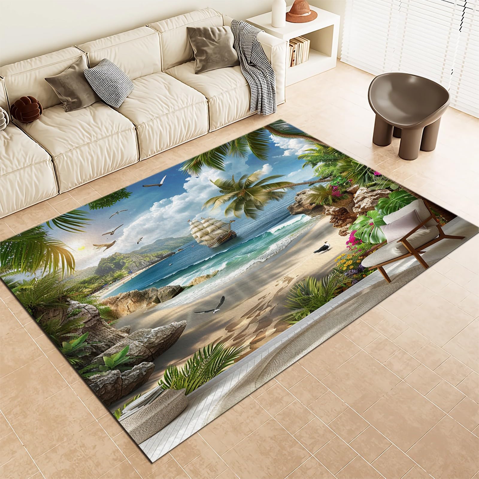 Kokosnussbaum Segelboot Meereslandschaft Waschbarer Teppich, Weich Kurzflor Teppich mit Rutschfester Unterseite, Pflegeleicht und Strapazierfähig 180x240 cm für Wohnzimmer Schlafzimmer Kinderzimmer