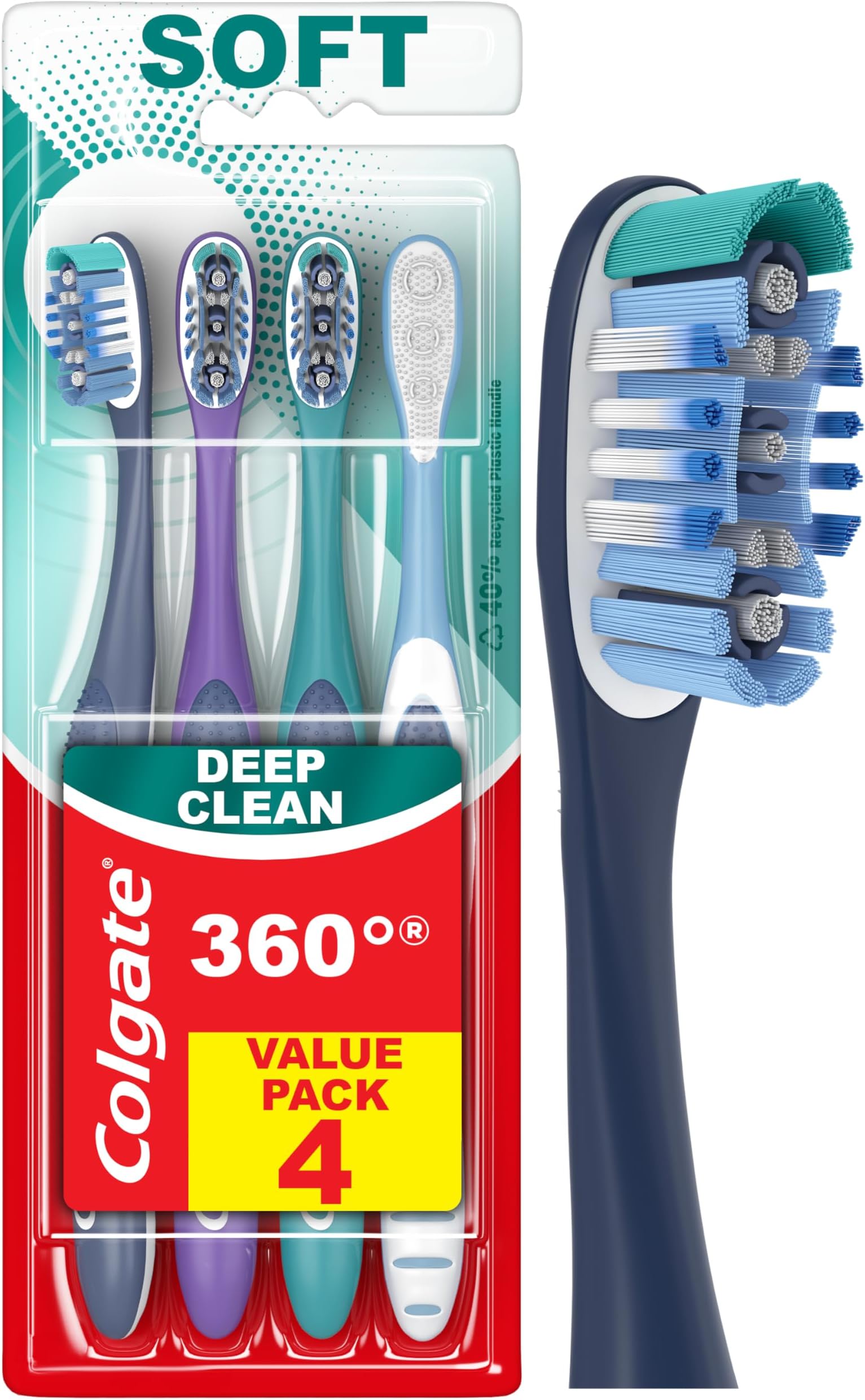 Colgate 360 Deep Clean Soft Toothbrush for 4 in 1 Bacterial Removal, Features Floss Tip Bristles and Tongue Cleaner, 4 Count