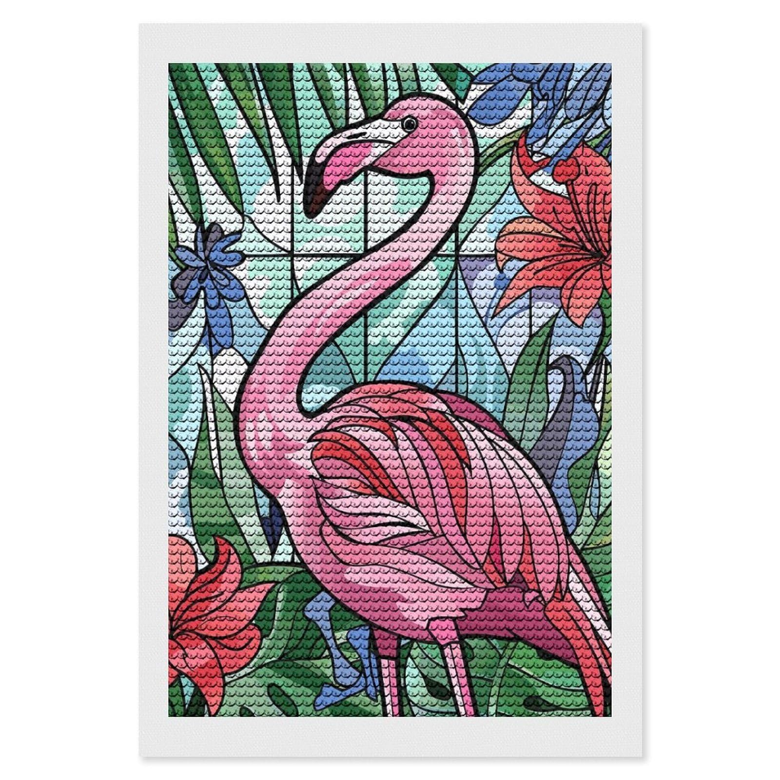Junmoney Pink Flamingo in Tropical Floral Setting Diamond Painting Set 8"x12", Neat Printed Canvas, with Tool Kit, Bedroom Decor, Gift Idea, Complete Accessories