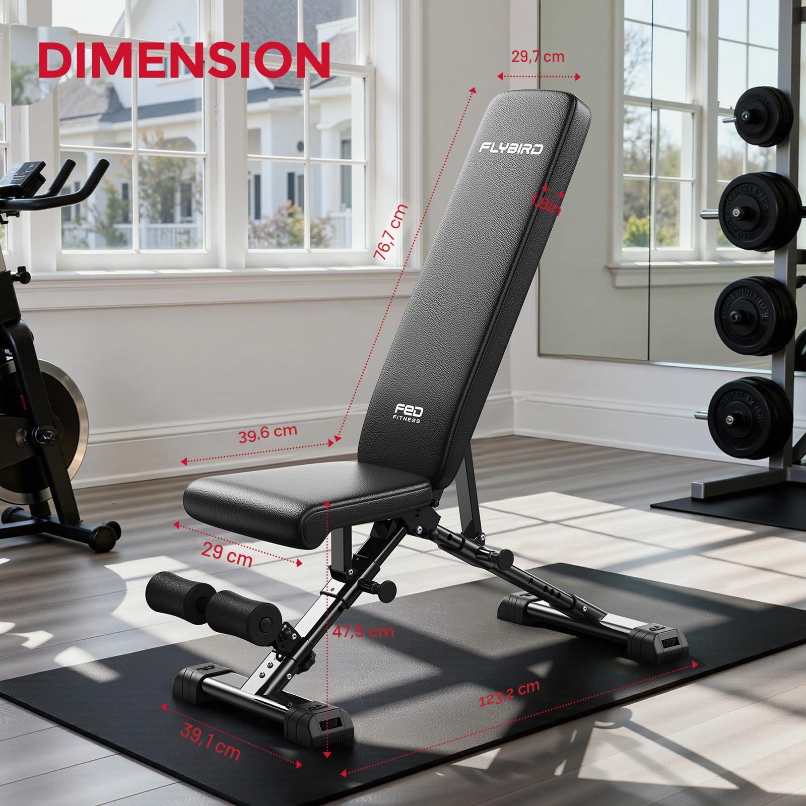 FLYBIRD Banc de musculation réglable, professionnel, système de réglage rapide,facile à plier et ranger, dossier allongé adapté au développé couché, pré-monté à 80%