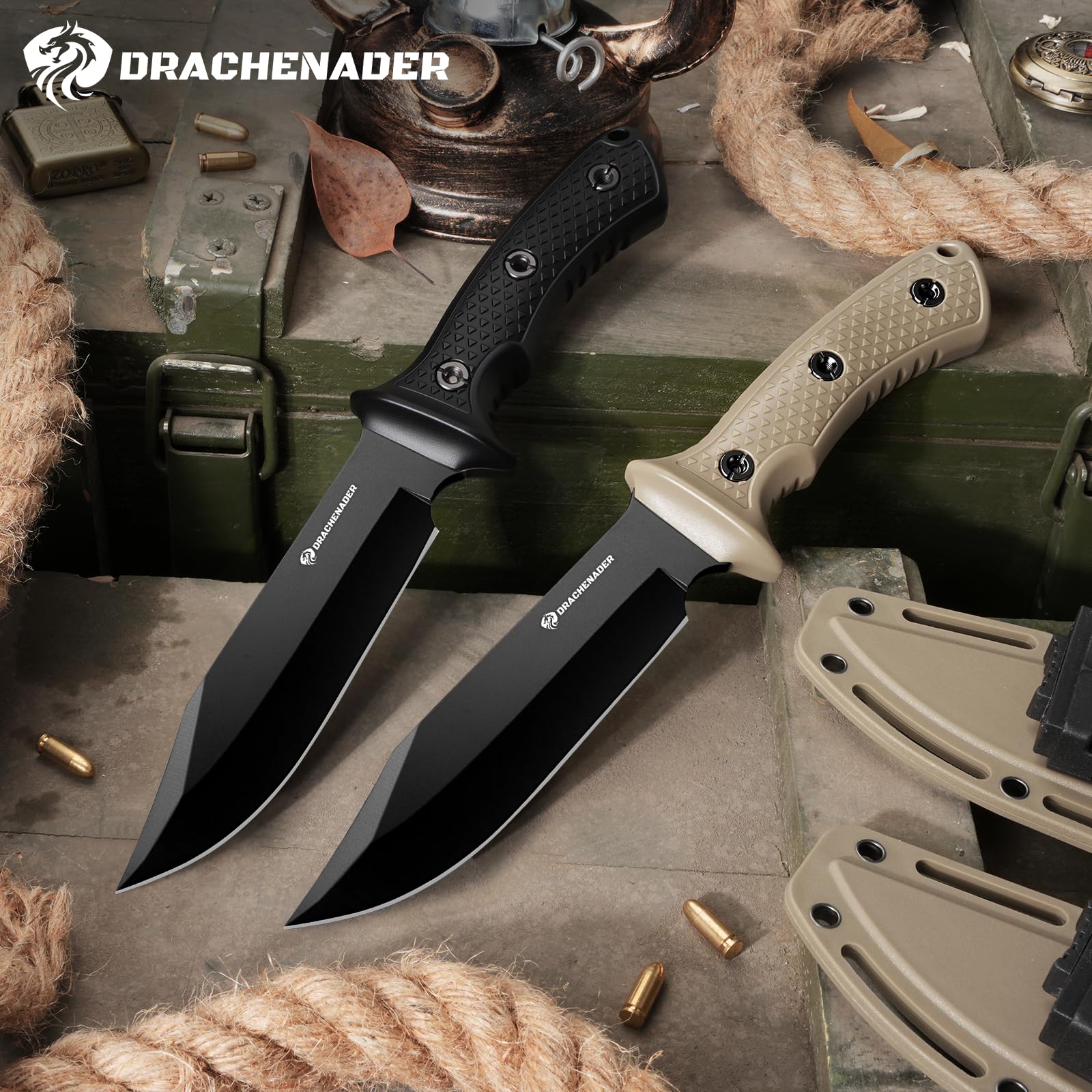 DRACHENADER Gürtelmesser WS-JT-KQ, Feststehendes Messer aus 5Cr13MoV Stahl mit 14,9 cm Klinge, Jagdmesser mit ABS-Griff, Outdoor Messer für Camping, Survival, Schwarze Klinge- Kraki Griff