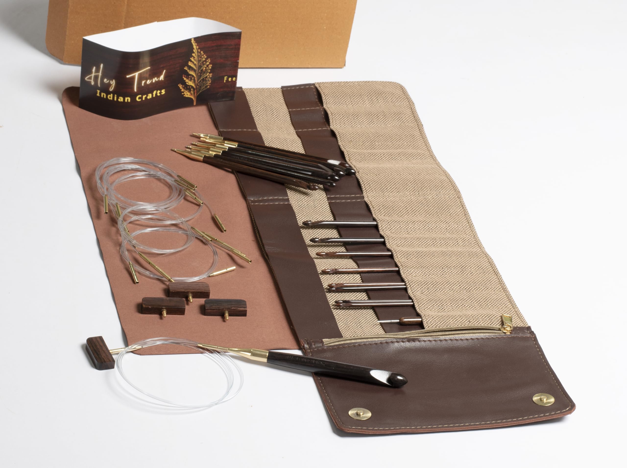 Rosewood Interchangeable Tunisian Crochet Hooks Set in Faux Leather case with 12 Sizes US E 3.5mm to US O 12.0mm