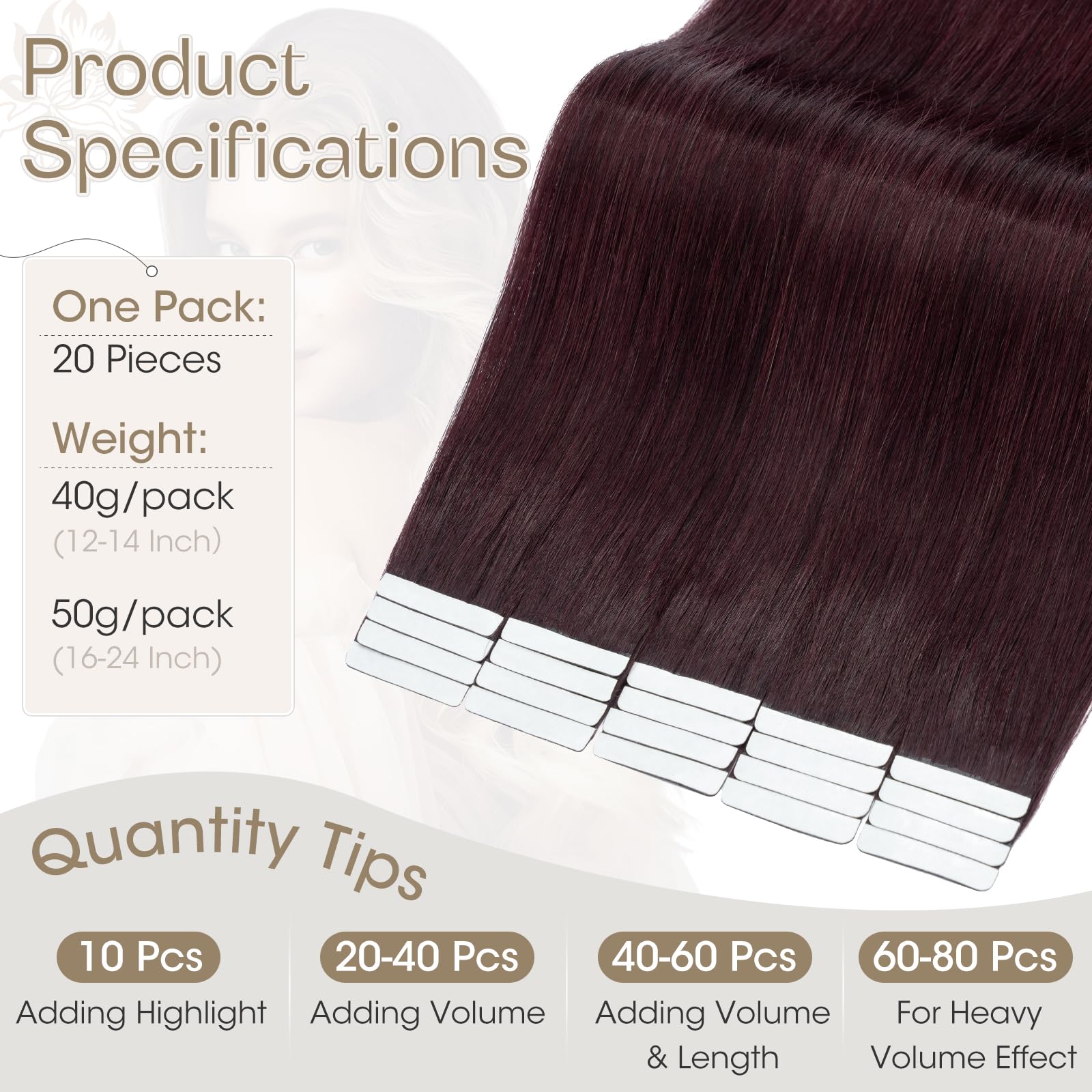 Elailite Tape in Hair Extensions Real Human Hair 20 Pcs, Invisible Skin Weft Real Remy Hair Extension Straight (#99J Wine Red - Image 4