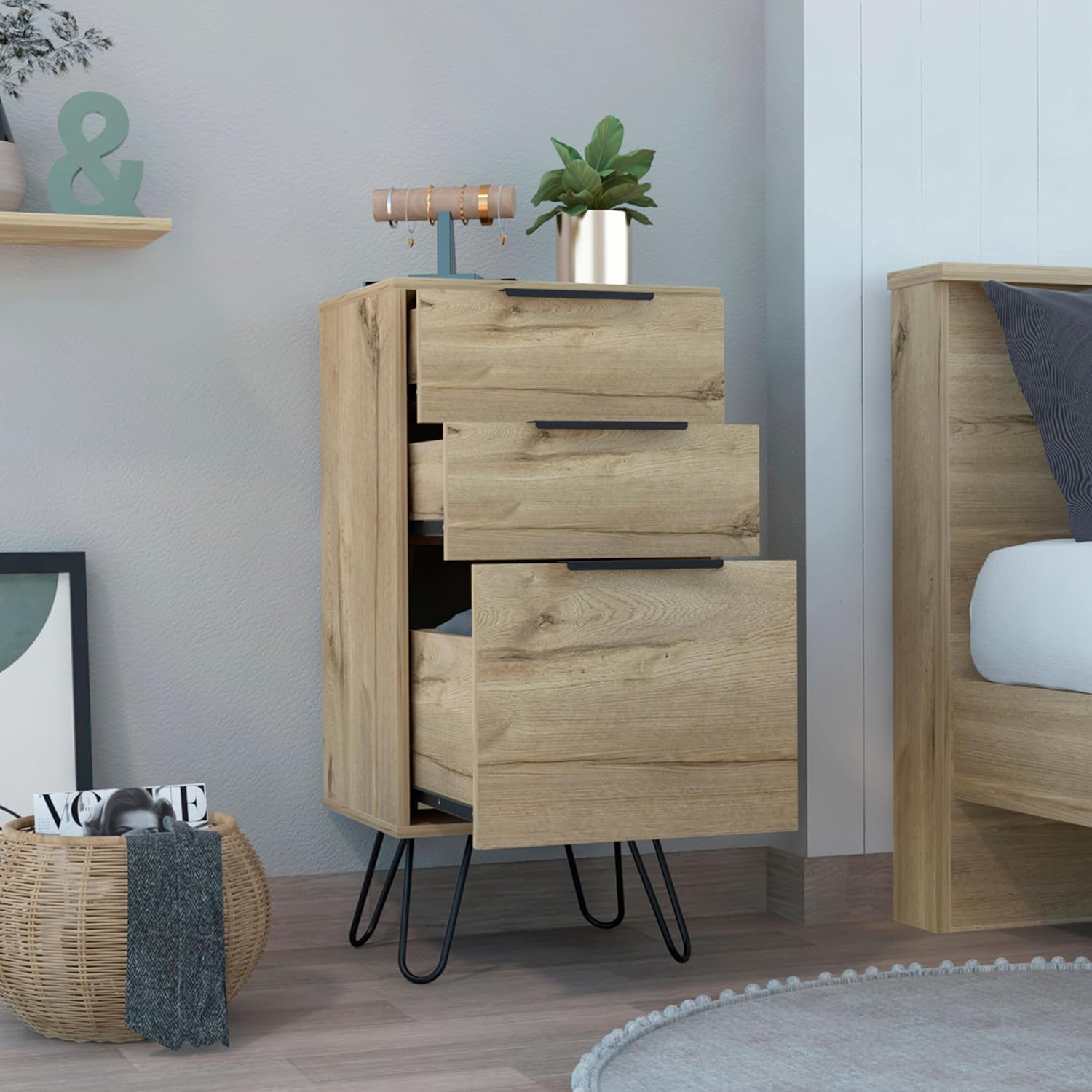 Tuhome Augusta Light Dresser with Three Spacious Drawers, Modern Hairpin Metal Legs, Wide Superior Top for Bedroom Organization, Compact Storage Solution for Small Spaces