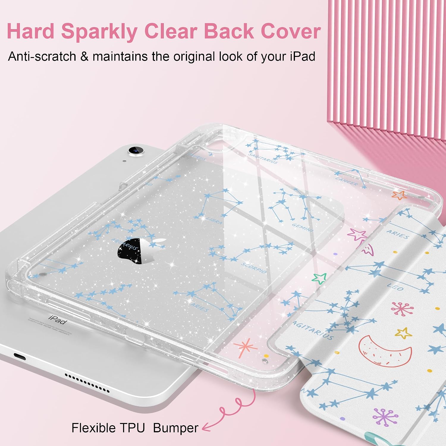 Sparkle Case for iPad 11th Generation (A16) 11 inch 2025 /iPad 10th Gen 10.9 2022 - Premium Satin-Touch Cover, Embedded Glitter Clear Back, Cute Trifold Protective Skin - Constellation Chart