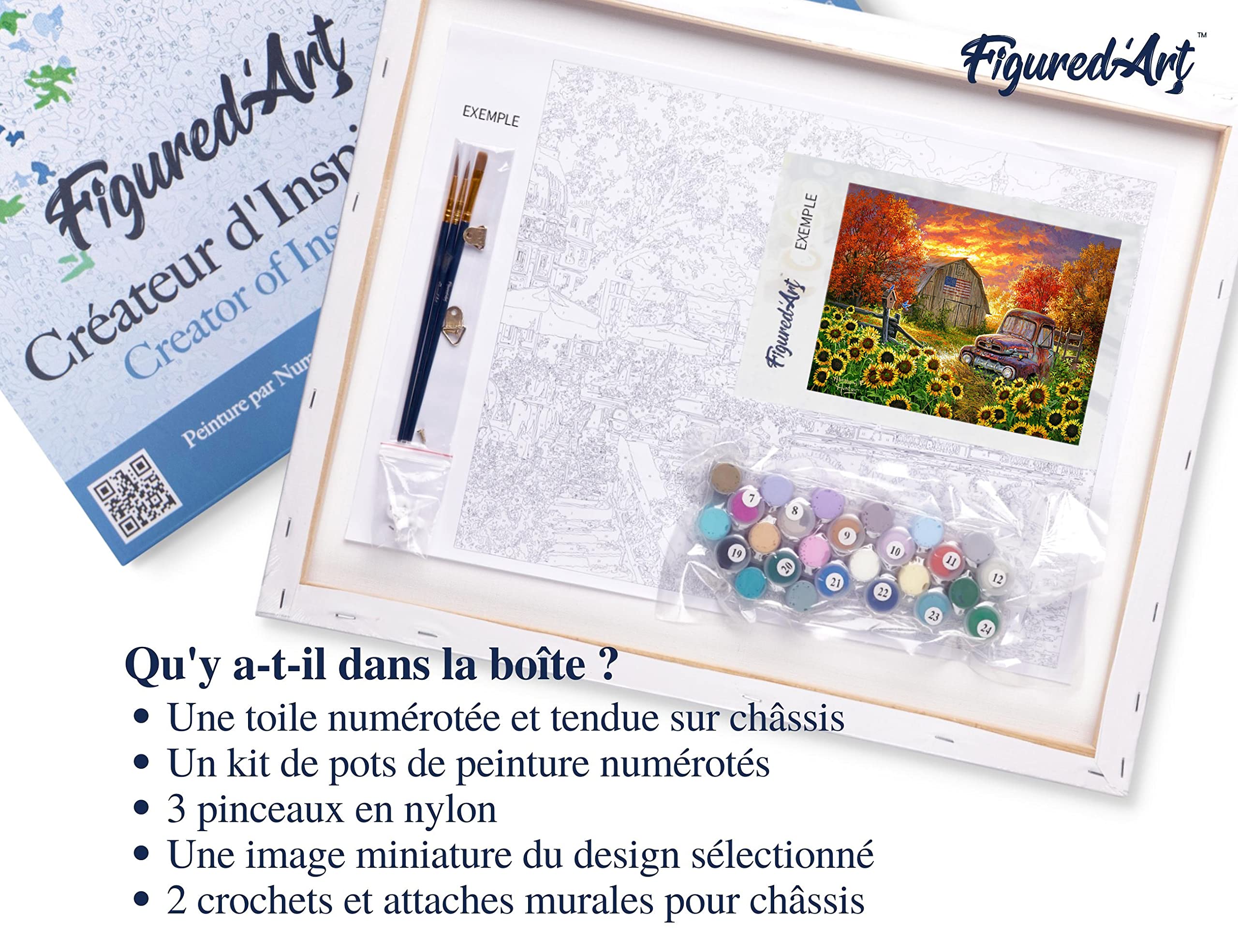 Figured'Art Malen Nach Zahlen Erwachsene Mit Rahmen Sonnenblumenfeld mit Oldtimer an der Scheune - Paint by Numbers Basteln DIY Bastelset 40x50cm Leinwand gespannt auf Holzrahmen