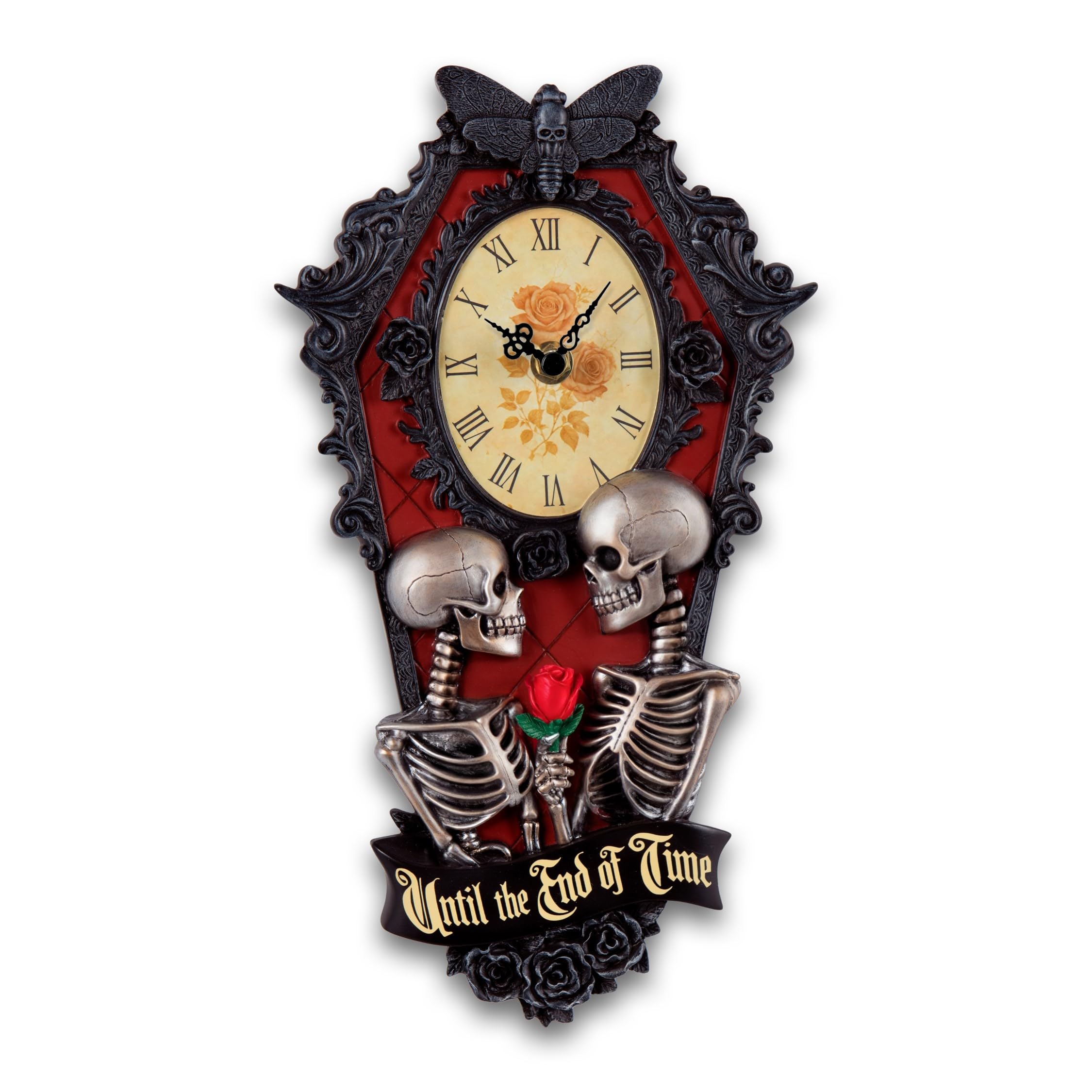 Gothic Coffin Wall Clock, Romantic Skeleton Couple Embrace, Handcrafted Quartz Timepiece with Roses and Skull Accents, Limited Edition Gothic Home Decor Collectible