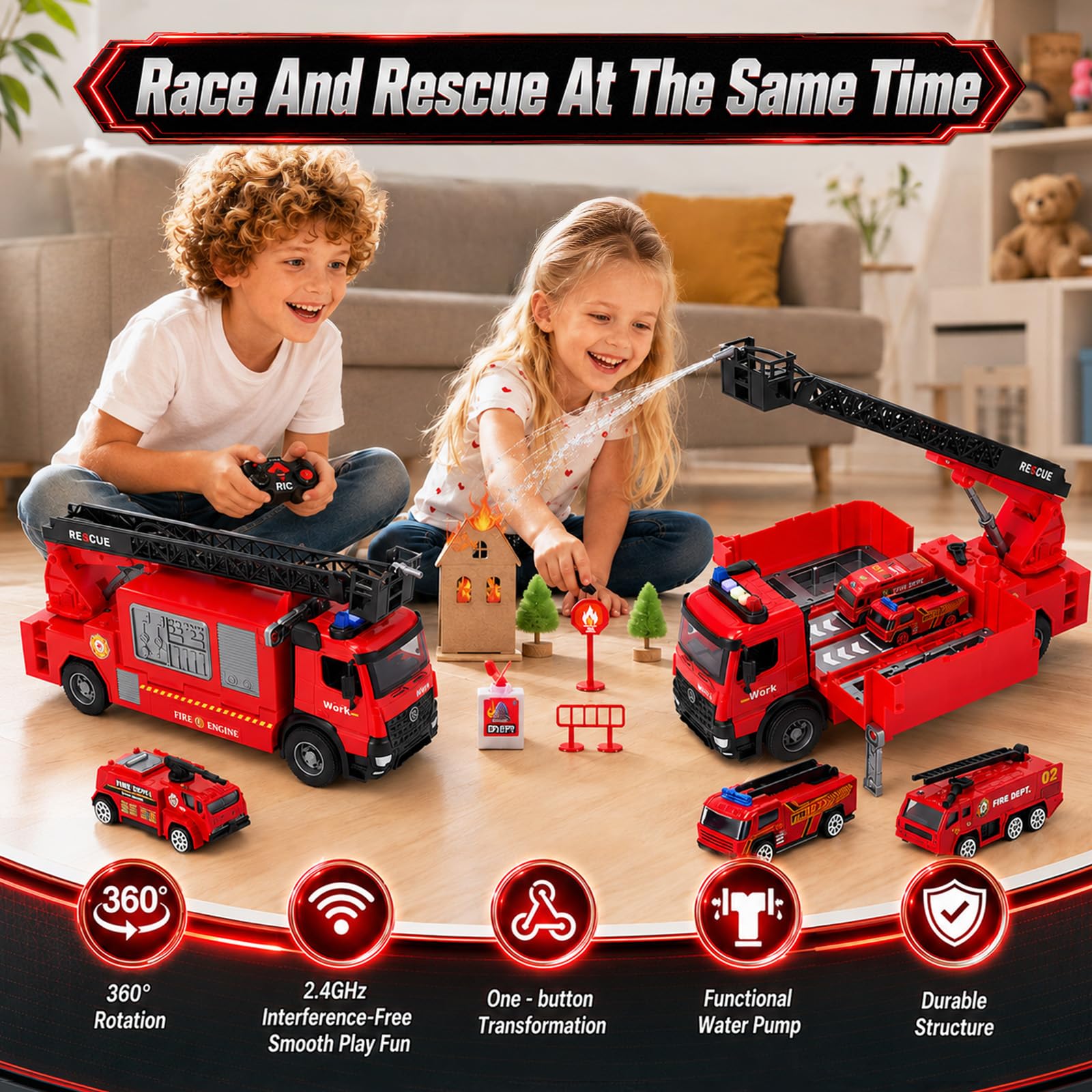 Camion Pompieri Grande, Camion Pompieri Giocattolo per Bambini da 2 3 4 Anni, Vigili del Fuoco per Bambini con Funzione Sprinkler, Pompiere Giocattolo, Luci e Suoni, Compleanno