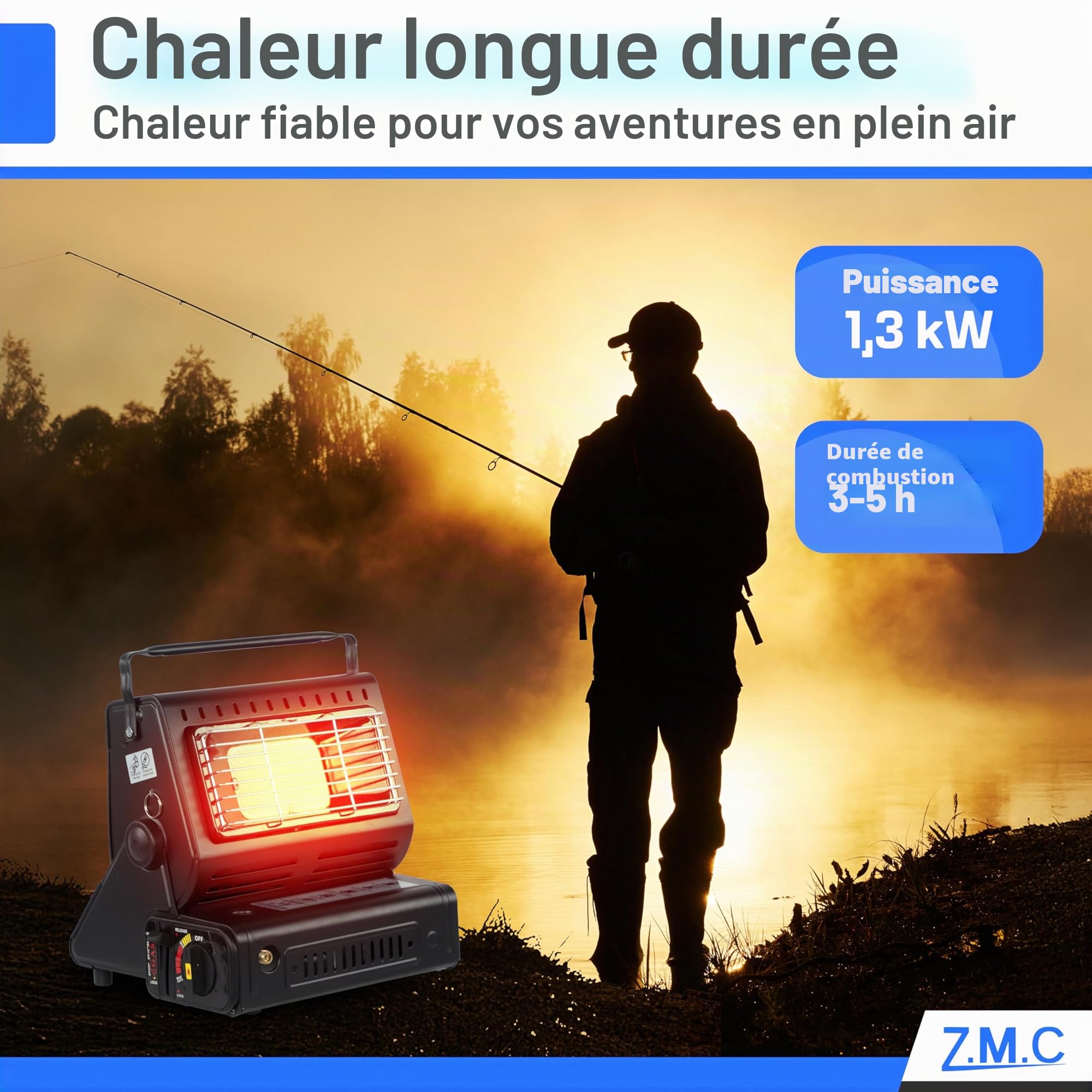 Z.M.C Chauffage à Gaz Portable 2 en 1 Avec Connexion GPL - Chauffage de Camping 1,3 kW Pour Extérieur, Mobile Avec Allumage Piézo