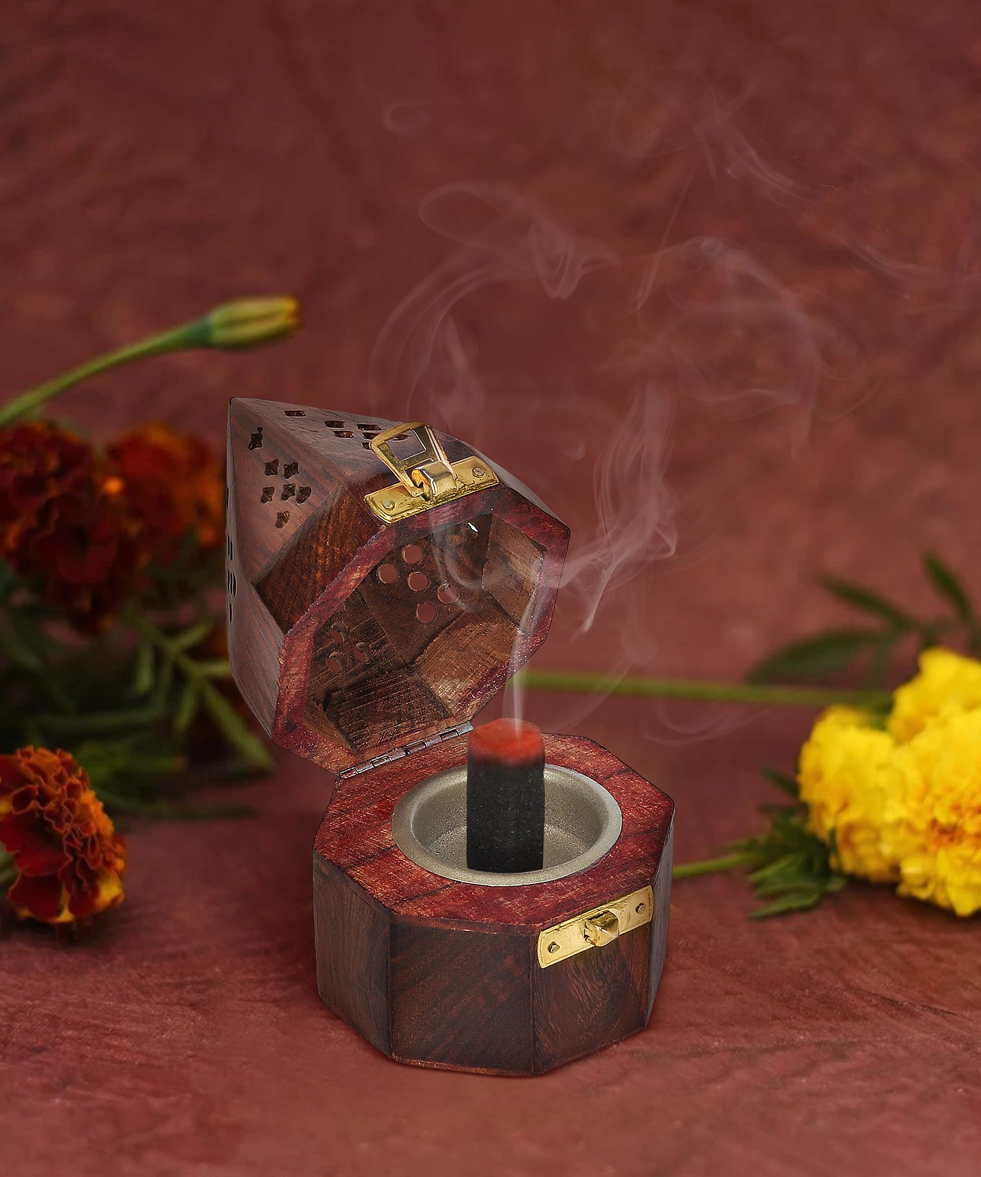 DigiRake Dhoop Holder - Dhoop Agarbatti Stand for Home & Pooja Room, Incense Stick Holder with Ash Catcher, Wooden Oothupathi Loban Cone (Octagon Hut Dhoop Stand)