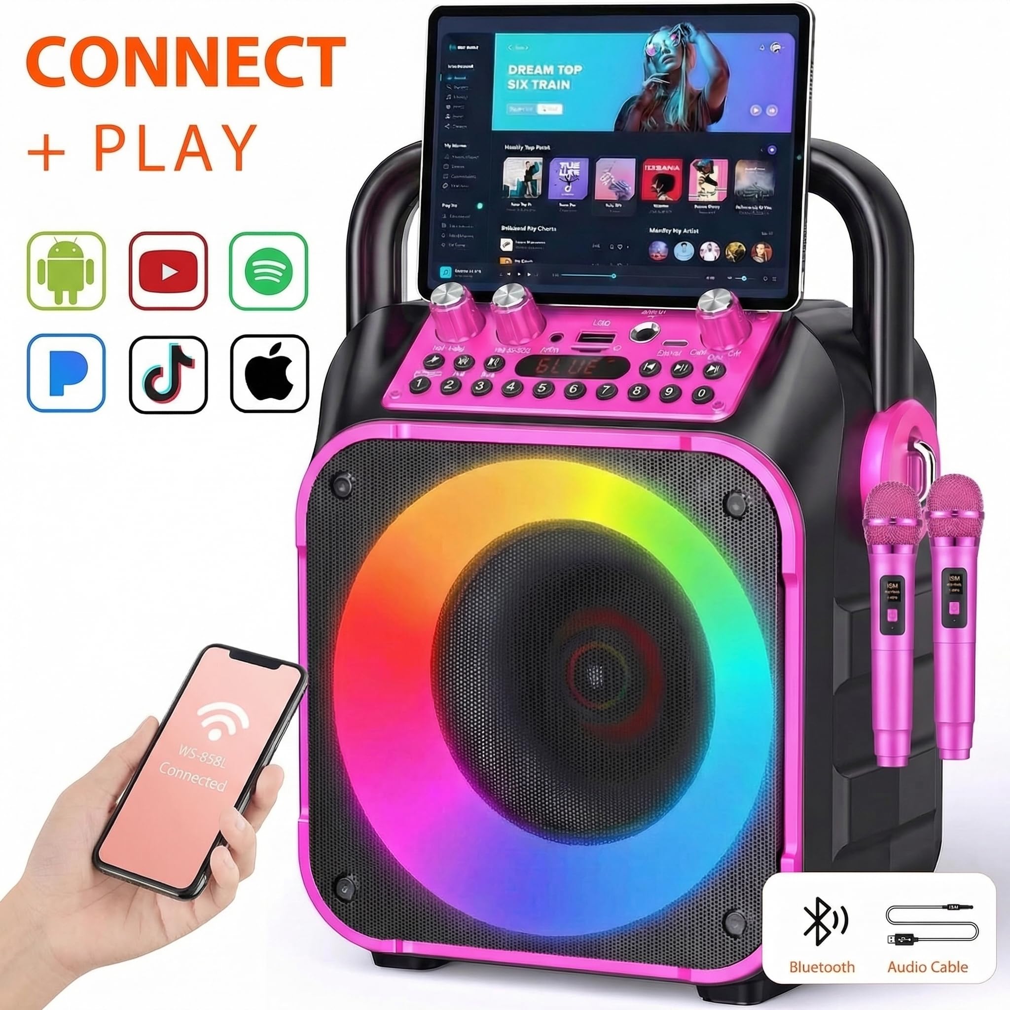 Fede Microphone Karaoké sans Fil, Micro à Main Portable Haut-Parleur pour Enfants/Adultes Chanter