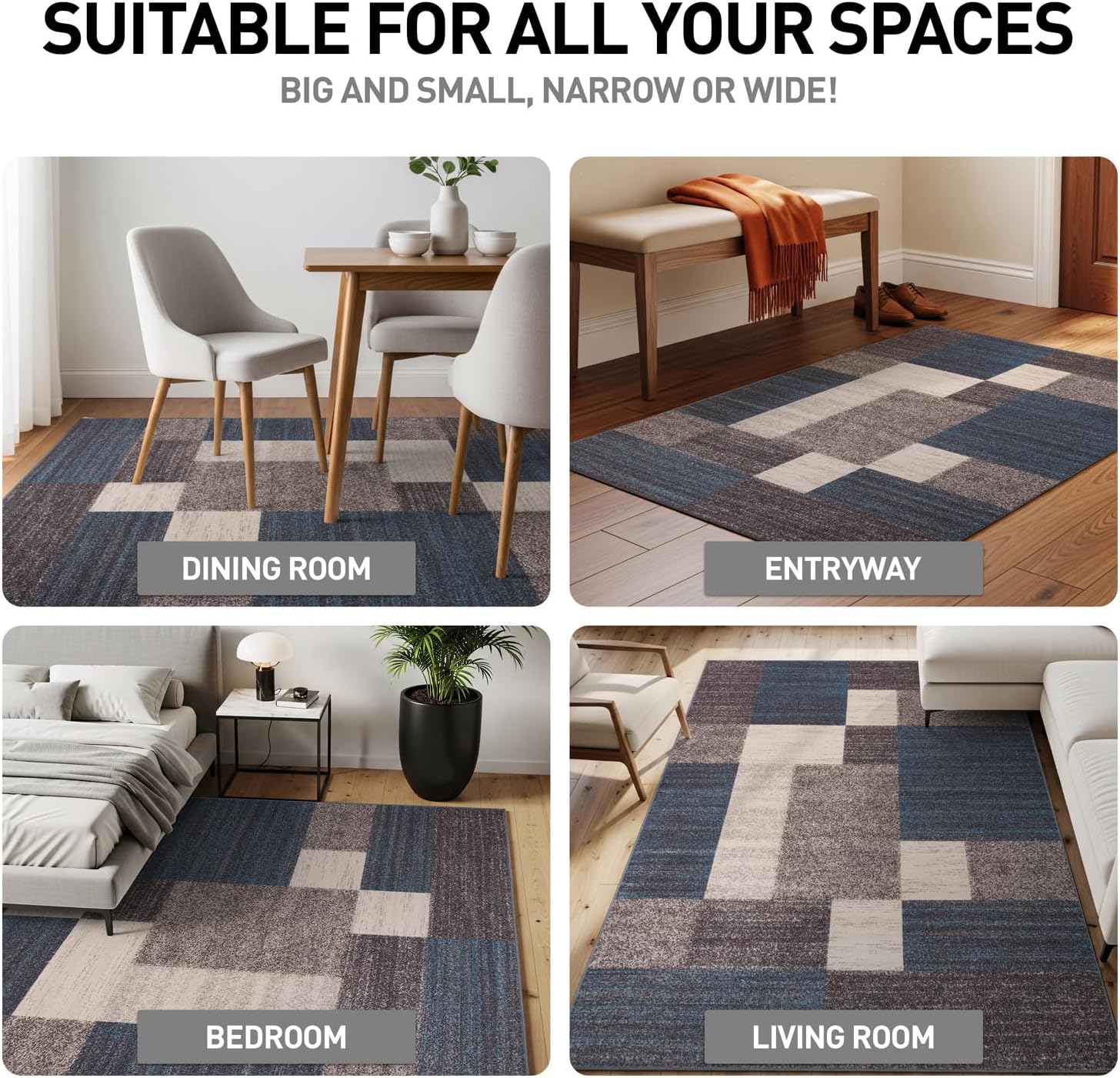 Rugshop Contemporary Blue Geometric Boxes Non-Slip Area Rug Non-Shedding for Living Room, Dining Room and Office, 3'3" x 5'