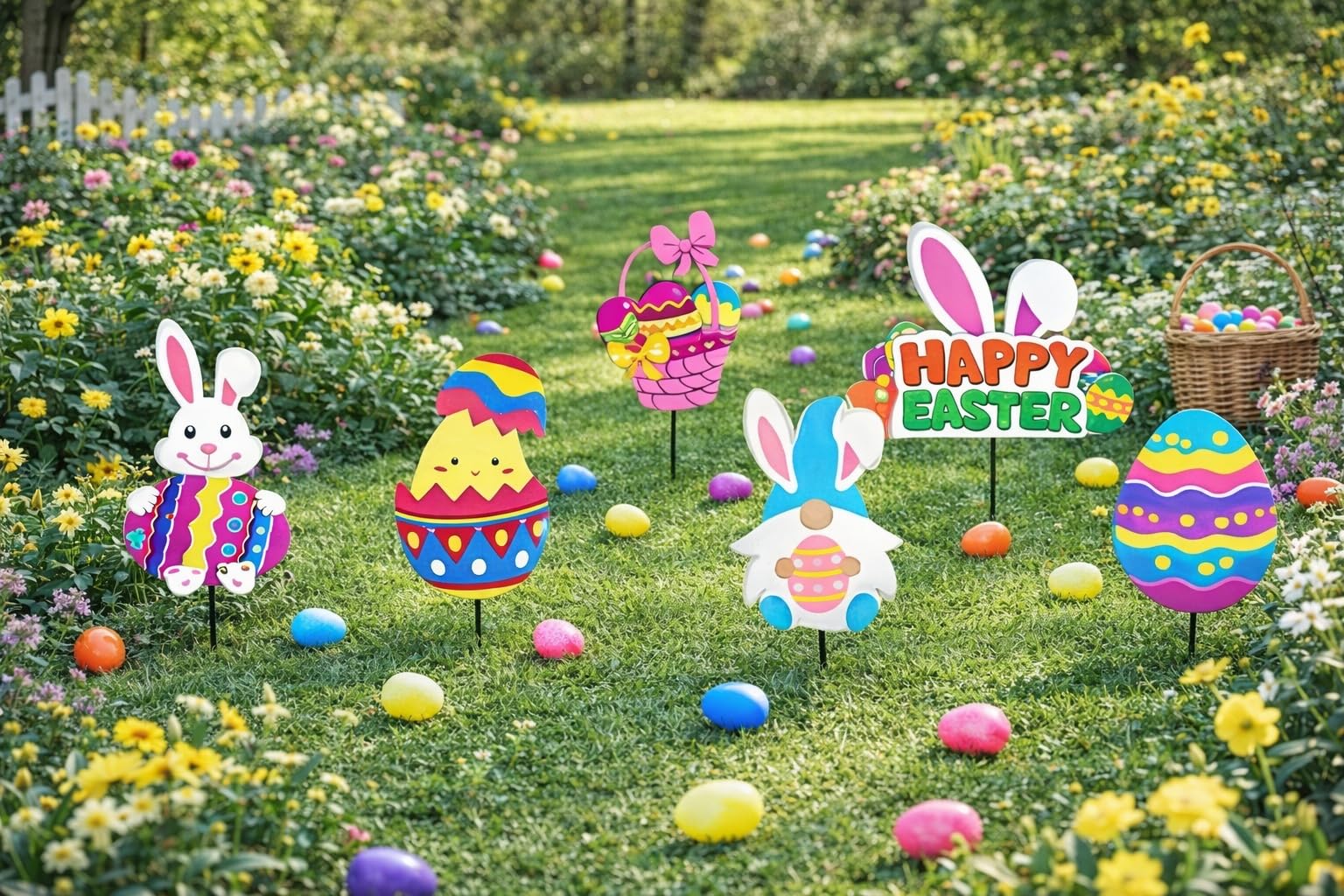 eBoutik - Spring Time Outdoor Waterproof Lawn & Bunting Decorations - Easter Bunny & Easter Egg Colourful Décor For Easter Egg Hunts Party Props - Garden Grass Stakes Decor