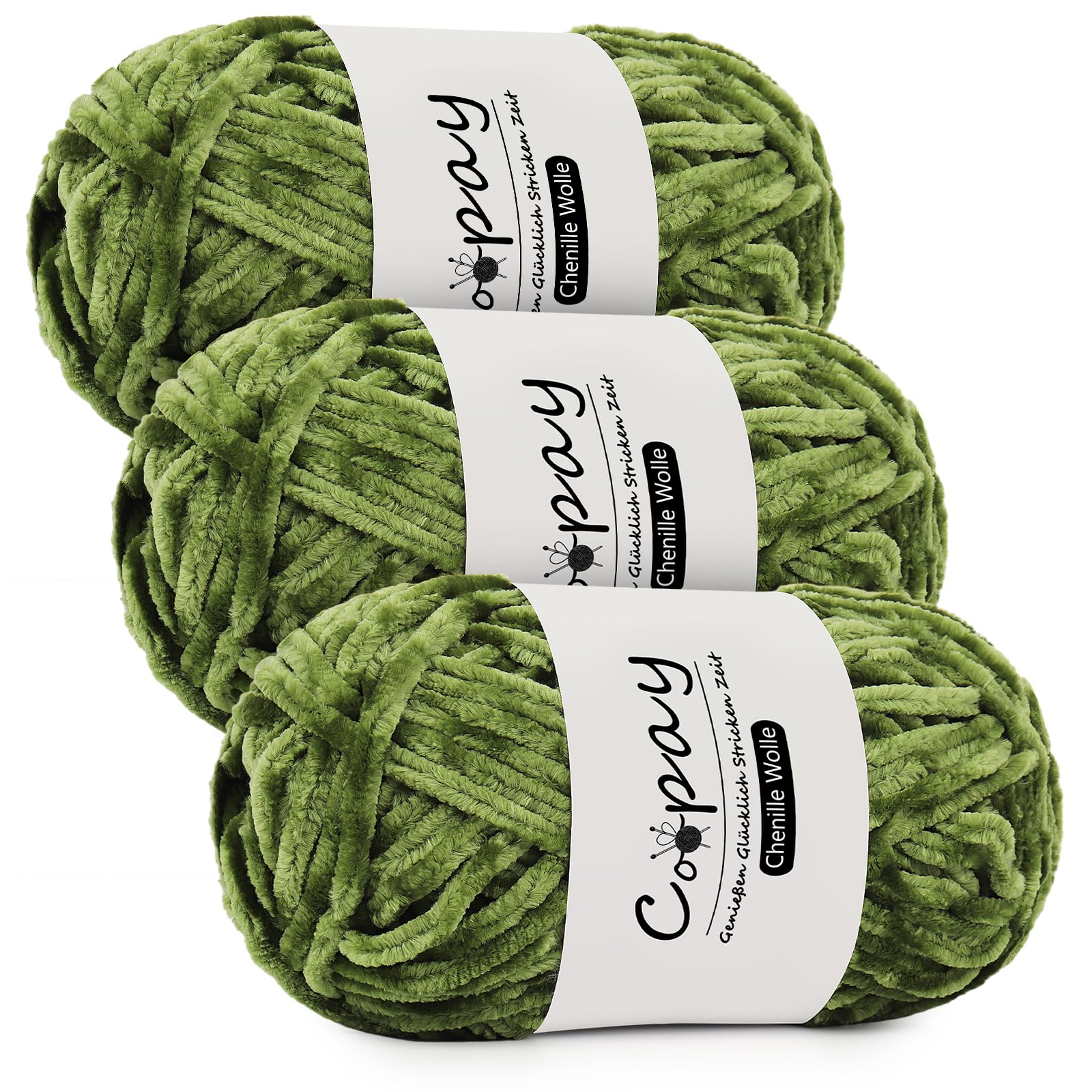 Coopay Chenille Wolle zum Häkeln, 3x100g Samtig Chenillegarn, Dicke Flauschige Weiche Garn, Wolle für Decken, Schals - Olivgrün