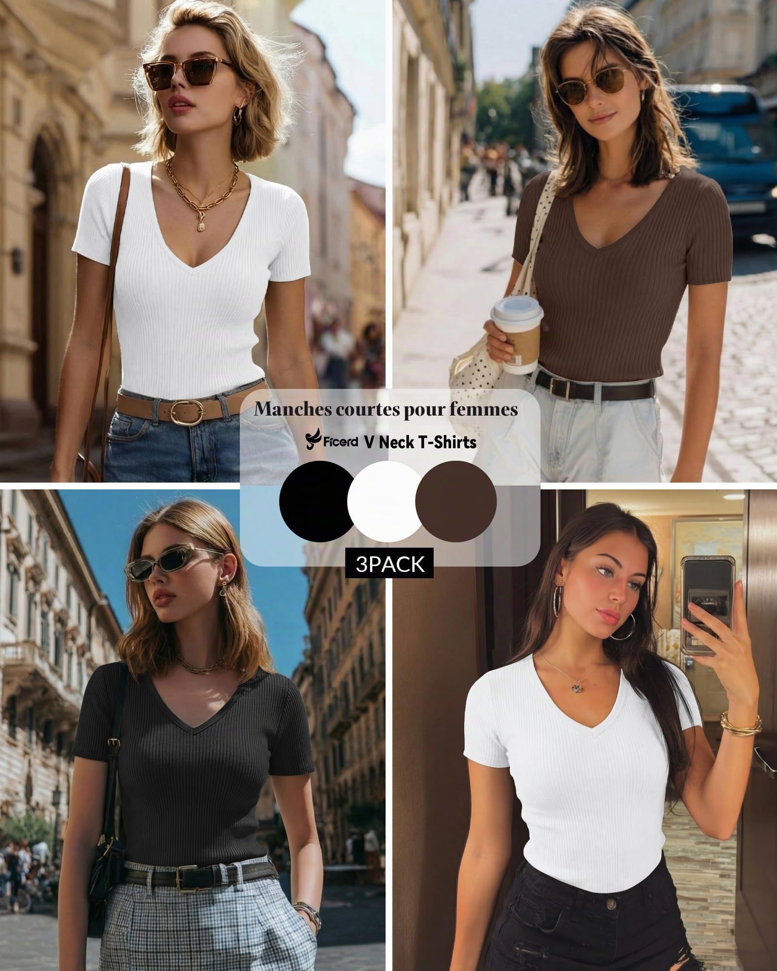 Ficerd 3 T-Shirts Femme Coton côtelé col V | T-shirts Basiques À Manches Courtes, Tenues Business Casual, Hauts CintréS Pour Le Bureau, Les Sorties Et L'été