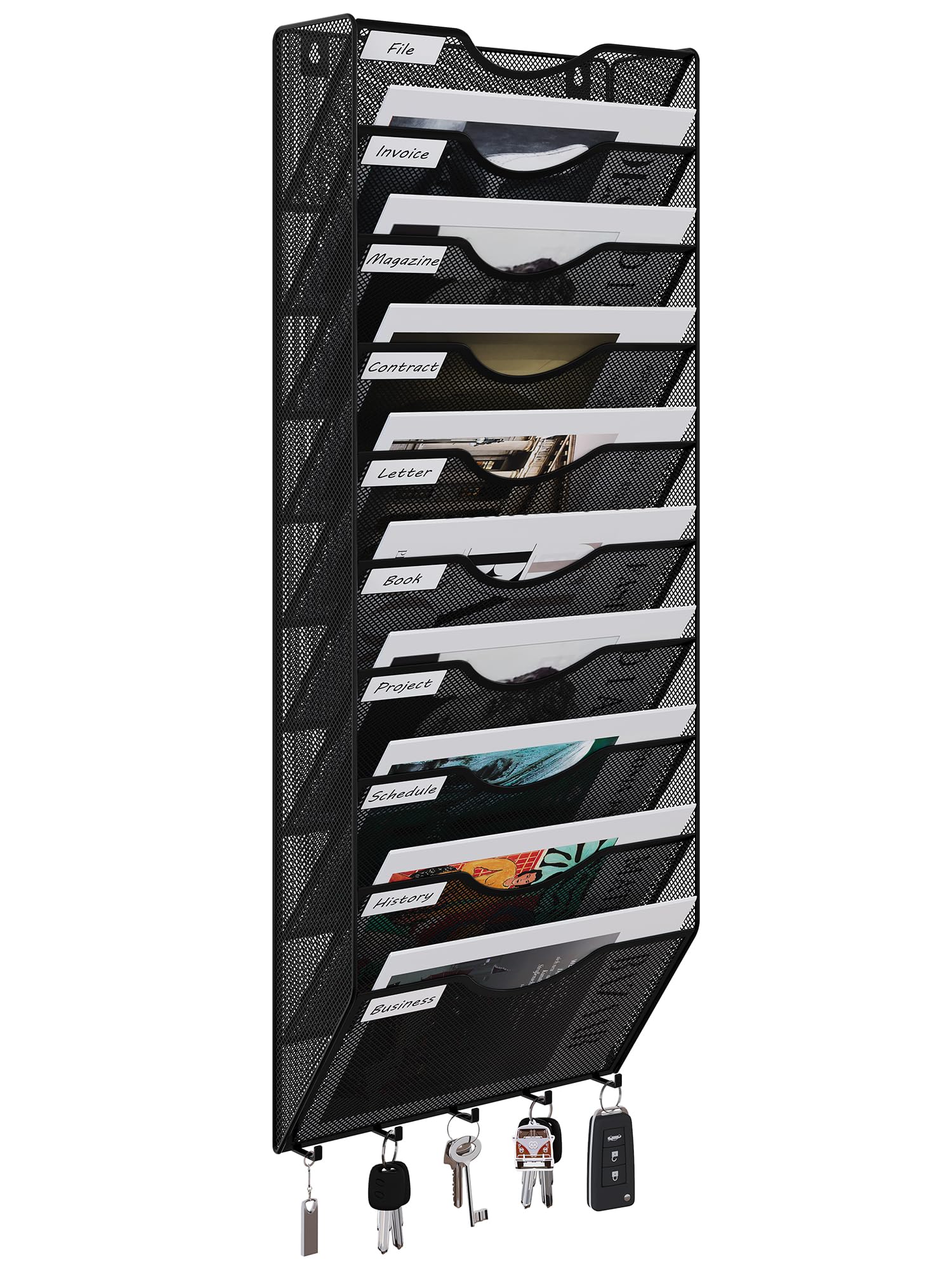 EasyPAG Metal 10 Tier A4 Wall Mounted Document Holder,Hanging Wall File Organiser,Pigeon Holes Storage,Filing Tray,Wall Pocket,Magazine Rack with 5 Hooks for Office & Home,Black