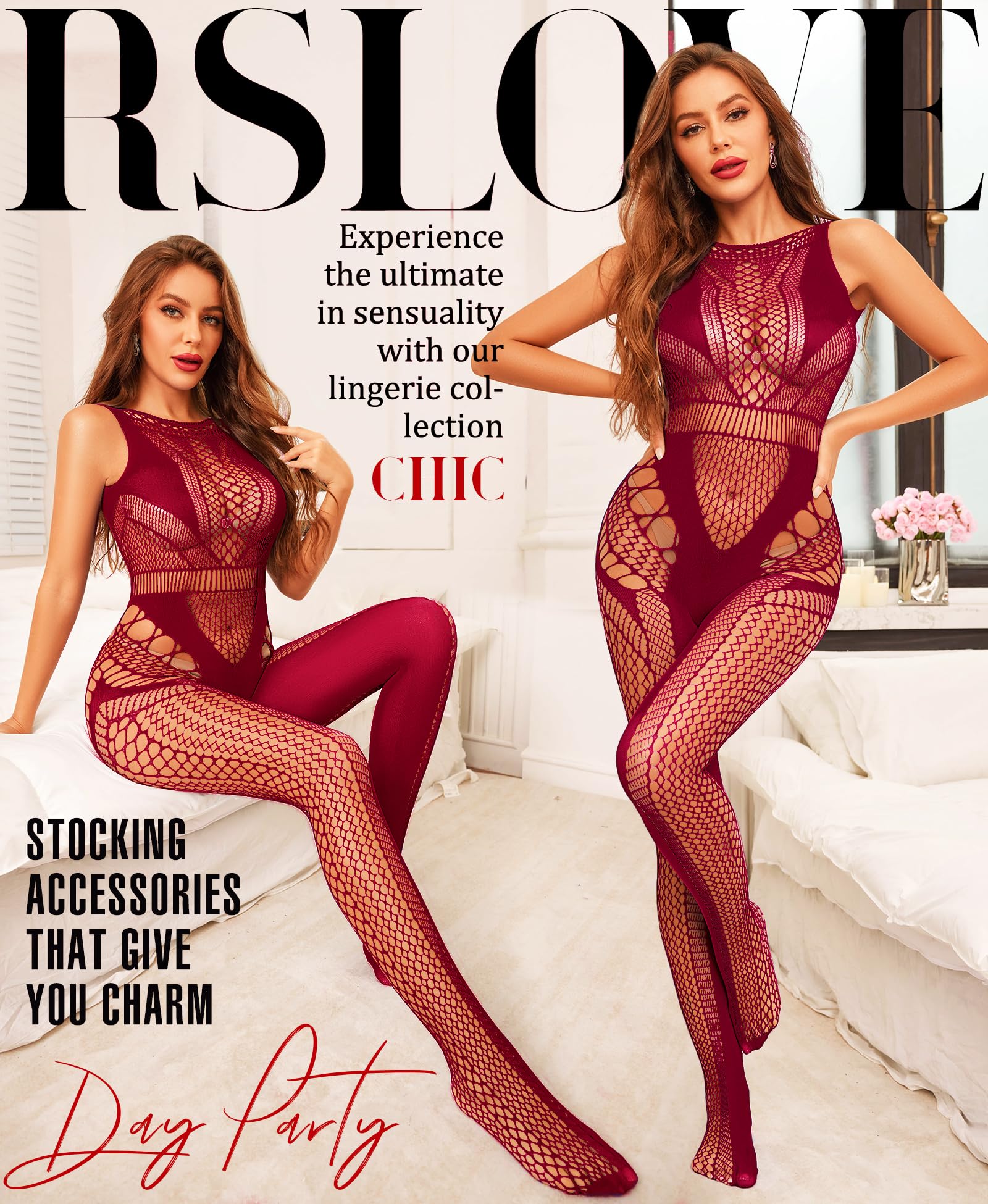 RSLOVE Sexy Lingerie Exotic Bodystocking - Fishnet Cut Out Lingerie Mesh Bodysuit One Piece Babydoll Rave Outfits: One Size Wine Red