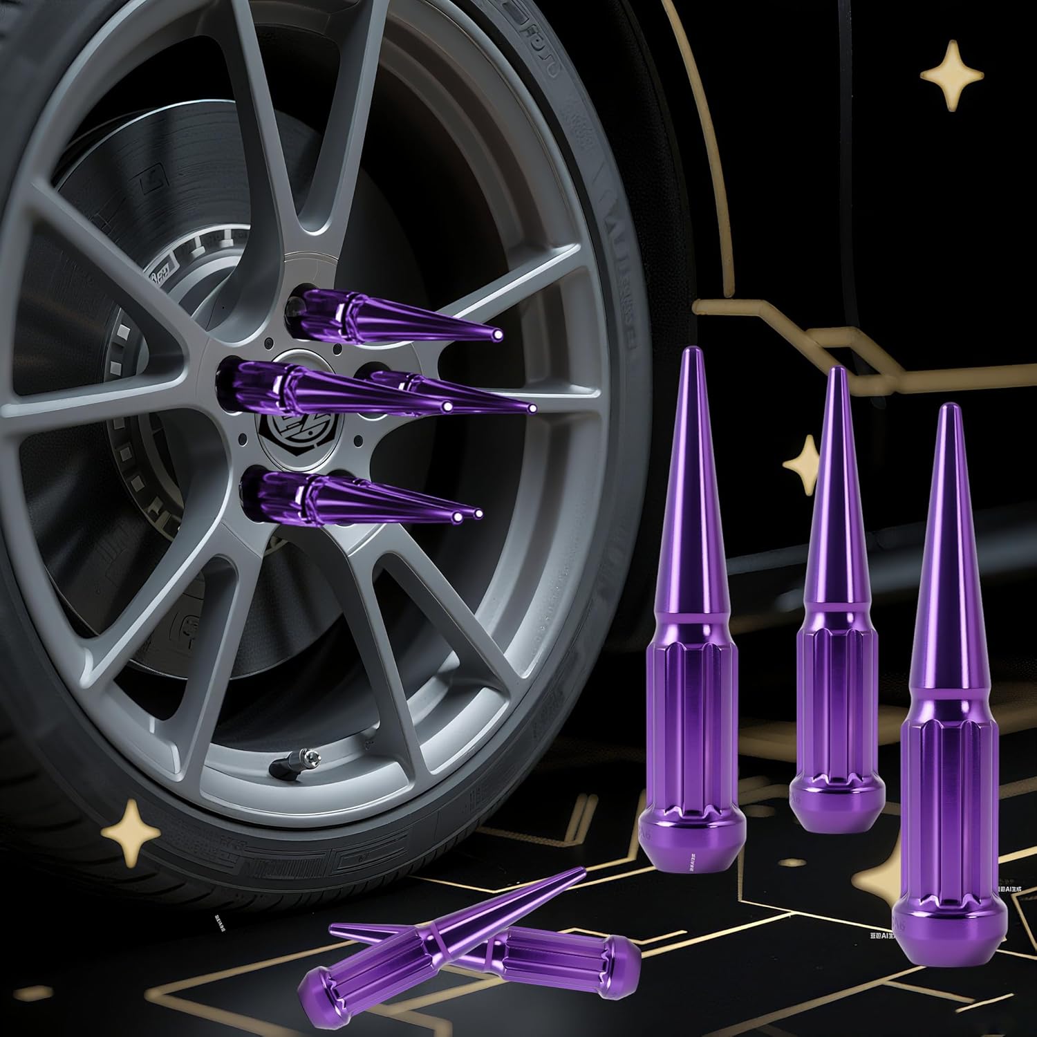 EZAccessory 12x1.5 Spline Spike Lug Nuts 24 Pieces Purple with Key, Bulge Acorn Lug Nut for 1995-2005 Chevy Blazer S10 GMC Jimmy S15 1995-2015 Toyota Tundra 2000-2006 Toyota Tacoma