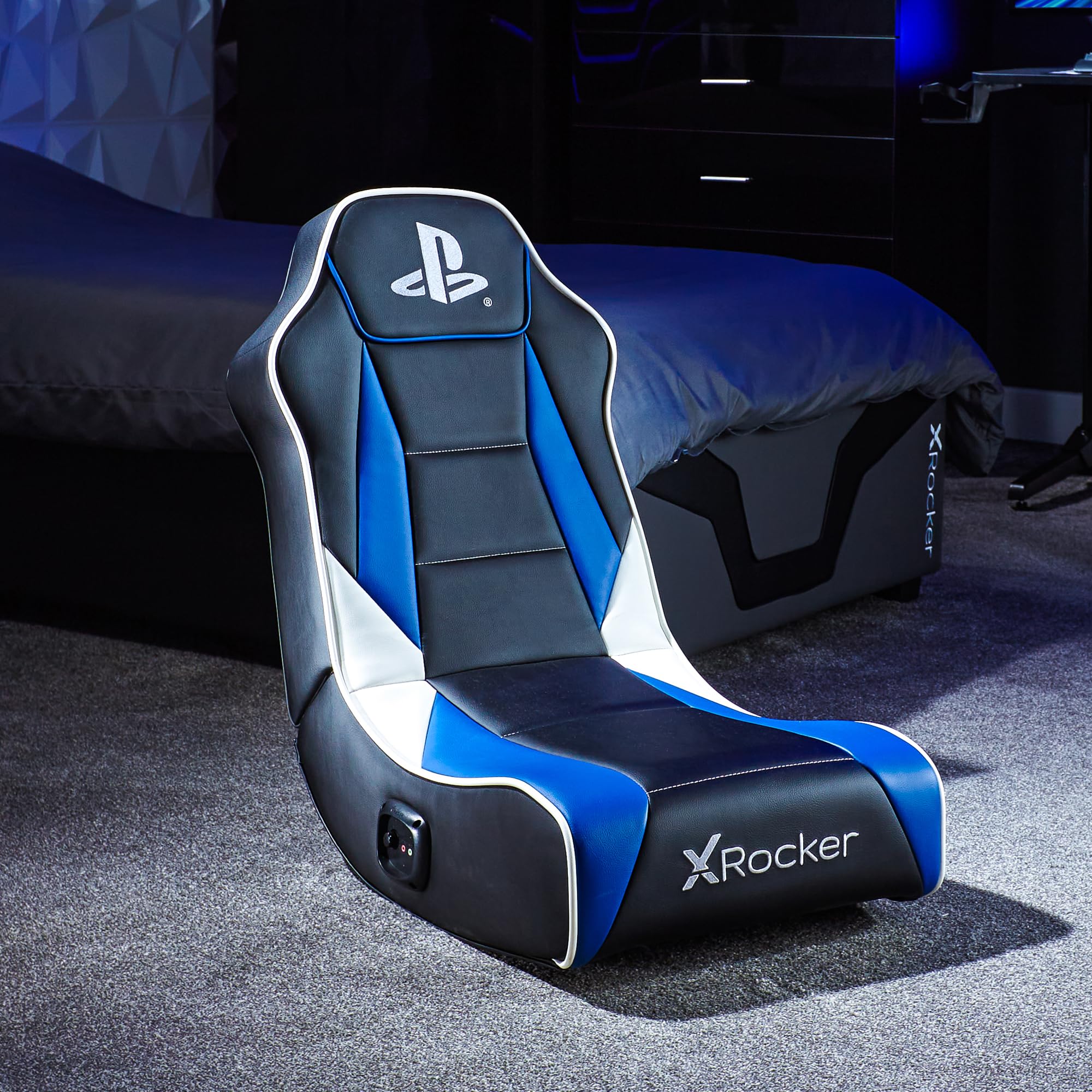 X-Rocker Sedia da gioco con licenza ufficiale PlayStation Geist 2.0, comoda seduta pieghevole da pavimento con altoparlanti, pelle PU per PS4, PS5, PC, cellulare, nero/blu