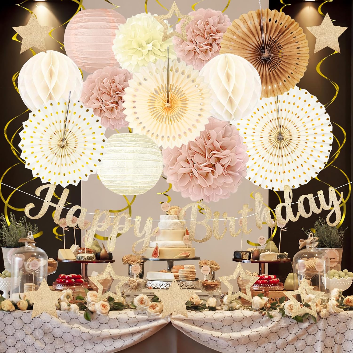 Champagne-Gold Fall Boho Birthday Party-Decorations - 29pcs Beige Cream Autumn Retro Party Decorations for Women Girls, Happy Birthday Banner Paper Streamers Lanterns Tissue Pom Poms - ZERODECO - Image 6