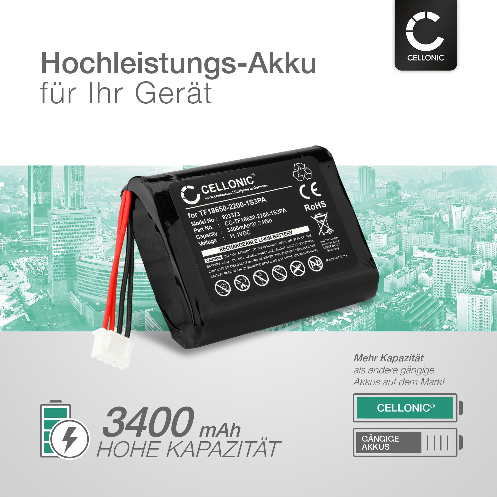 CELLONIC 1x Akku für Lautsprecher Kompatibel mit Marshall Stockwell I - (3400mAh, 11.1V)