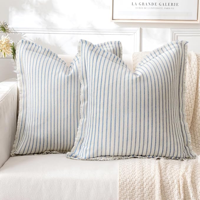 Pack of 2 Light Blue Pillow Covers 18x18 Inch Striped Farmhouse Couch Spring Spring Throw Pillow Covers with Fringe Chic Cotton Decorative Cushion Covers for Sofa Living Room Bed Home Decor