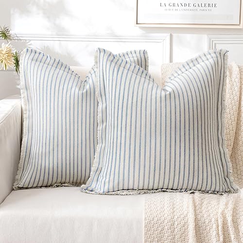 MIULEE Pack of 2 Light Blue Pillow Covers 20x20 Inch Striped Farmhouse Couch Spring Throw Pillow Covers with Fringe Chic Cotton Decorative Cushion Covers for Sofa Living Room Bed Outdoor Home Decor