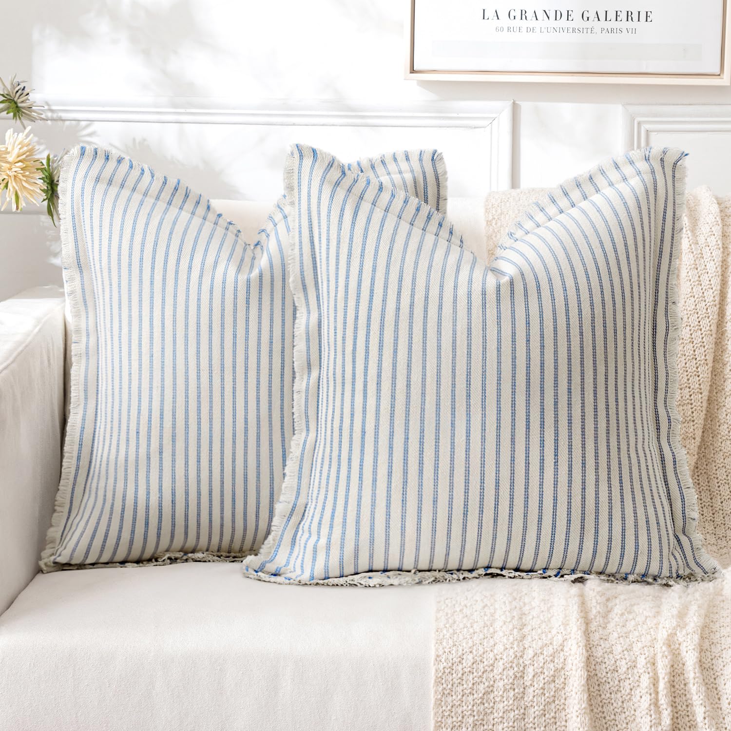 MIULEE Pack of 2 Light Blue Pillow Covers 20x20 Inch Striped Farmhouse Couch Spring Throw Pillow Covers with Fringe Chic Cotton Decorative Cushion
