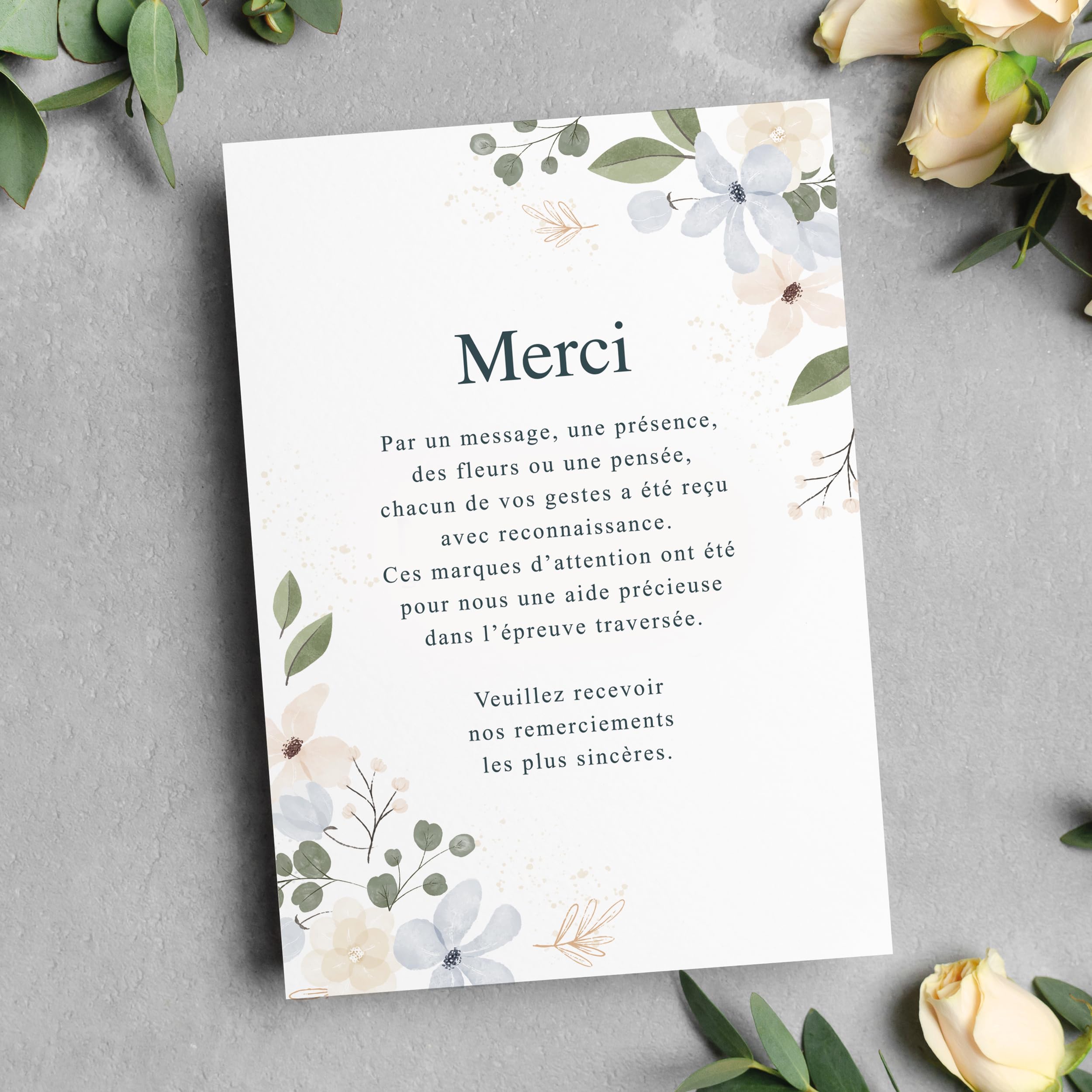 Cartes Remerciement Deuil Décès Obsèques Enterrement - Lot 25/50/75 + Enveloppes - Papier 400g - Design Sobre Élégant Fleurs Bougie Étoile - Marque Française (Lot de 75, Fleurs)