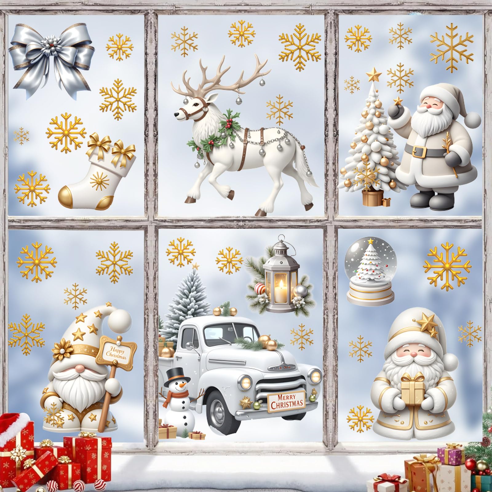 KAIRNE 3D White Christmas Window Clings Double-Side Christmas Glass Decals Gold Xmas Window Stickers Santa Claus Bauble Snowman Decal Xmas Winter Wonderland Themed Party — image 1
