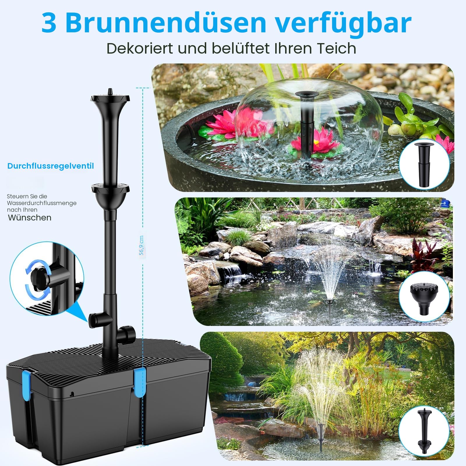 Teichpumpe mit Filter und Springbrunnen Set, 50W 2500L/H Teichpumpe und Filter-Kit, Teichfilter für Außenteiche, sauberer Koi-Teichfilter