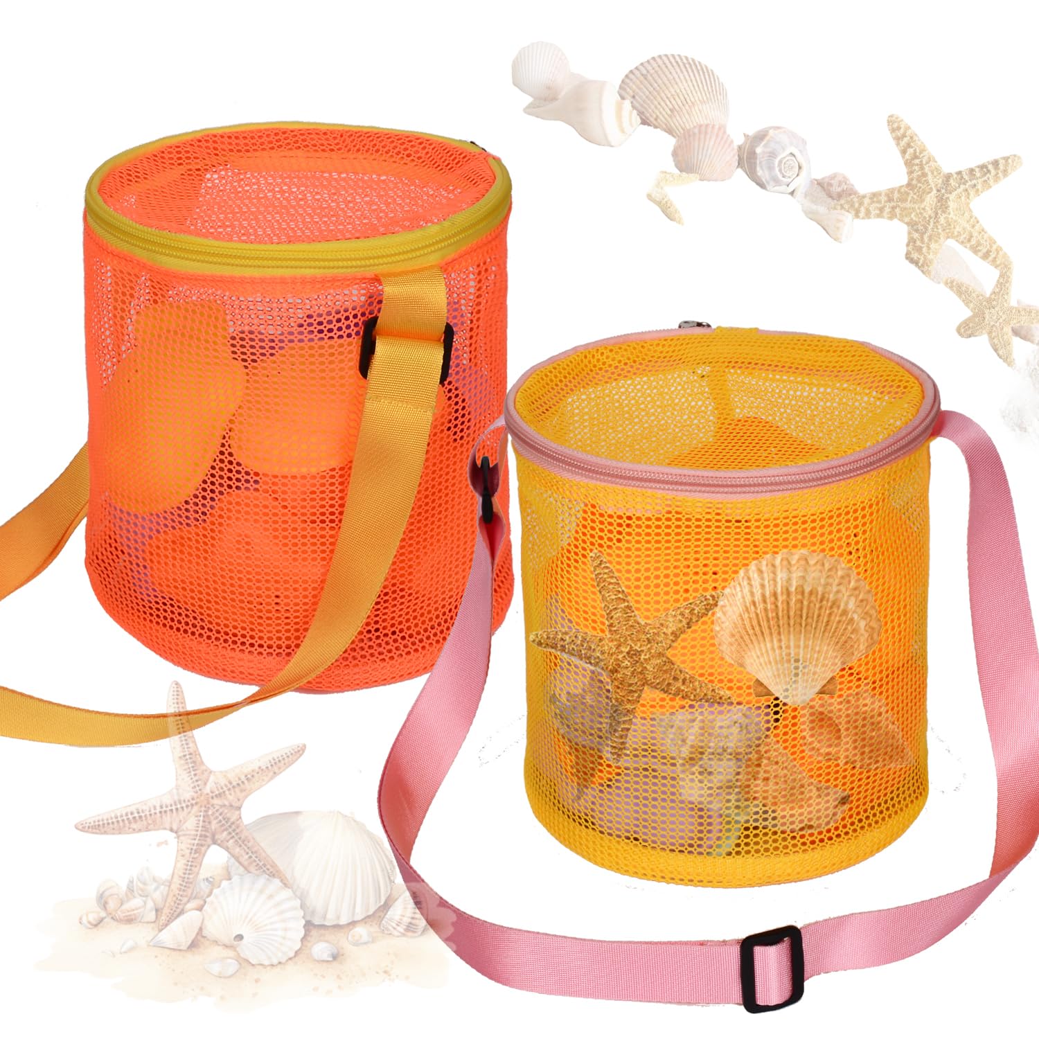 MUYIZI Mesh Beach Bag for Shells Collecting 2 Pcs, Shell Bags for Beach, Sea Shell Bags for Picking Up Shells, Beach Shell Bag for Kids Beach Toys Swimming Accessories for Boy and Girl (Orange+Yellow)