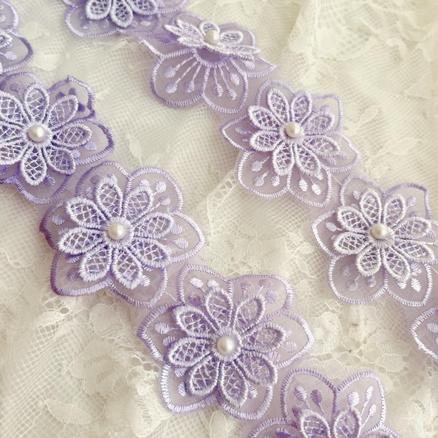 Simpless 3Yards Flower Lace Pearl Trim,Embroidered Sewing Lace Applique for DIY Sewing Crafts Wedding Dress Home décor (Purple)
