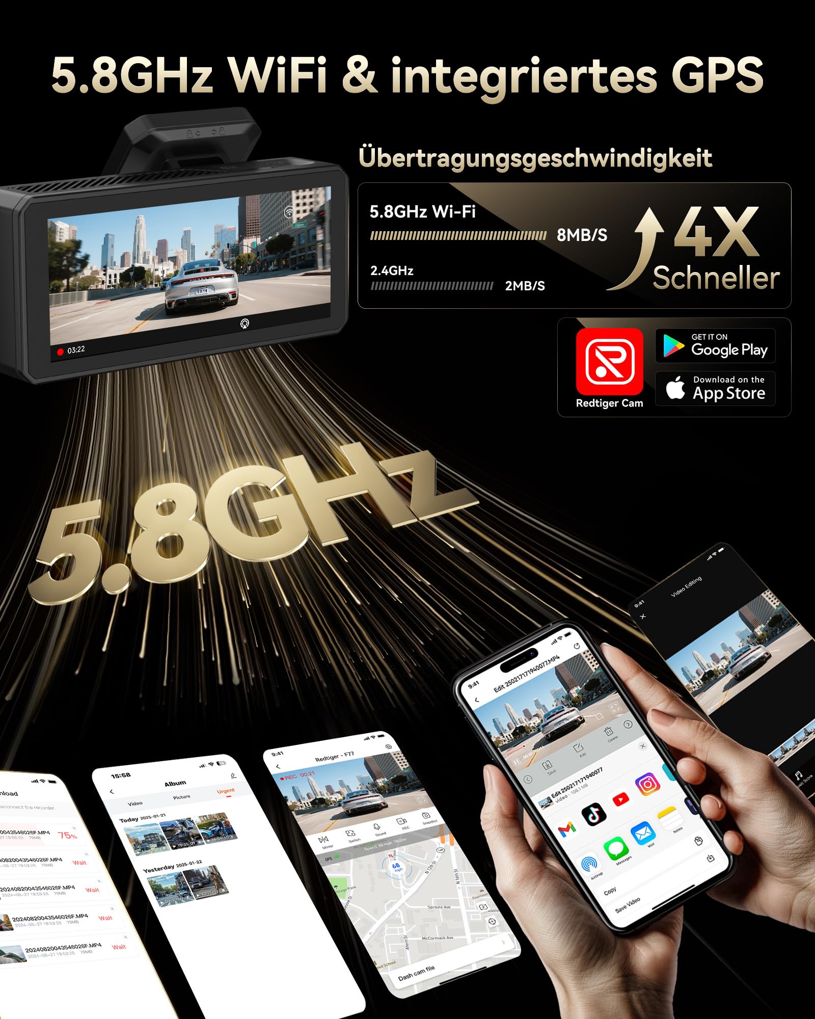 REDTIGER Dual 4K Dashcam Auto mit 128 GB eMMC, STARVIS 2 IMX678 Dash Cam | Vorne Hinten mit Dual-HDR, Sprachsteuerung, 4-Zoll-Touchscreen, Integriertem 5,8-GHz-WLAN,GPS, HDR-Nachtsicht (F77 V1)