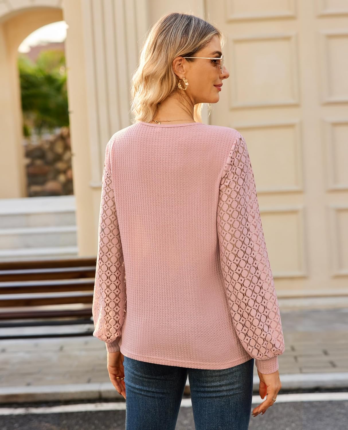 siliteelon Blouses for Women Casual Lace Long Sleeve Shirt Waffle Knit Tops Lightweight Sweaters Boho Tops - Image 2