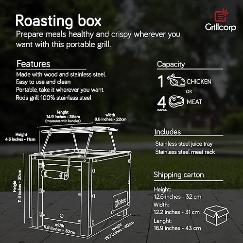 Miniatura 3 de Grillcorp Caja China X-Small, Roasting Box - 2 in 1 System, Stainless Steel Grill, Chinese Box Grill with Front Wheels, Pig Roaster Box, Pizza Box