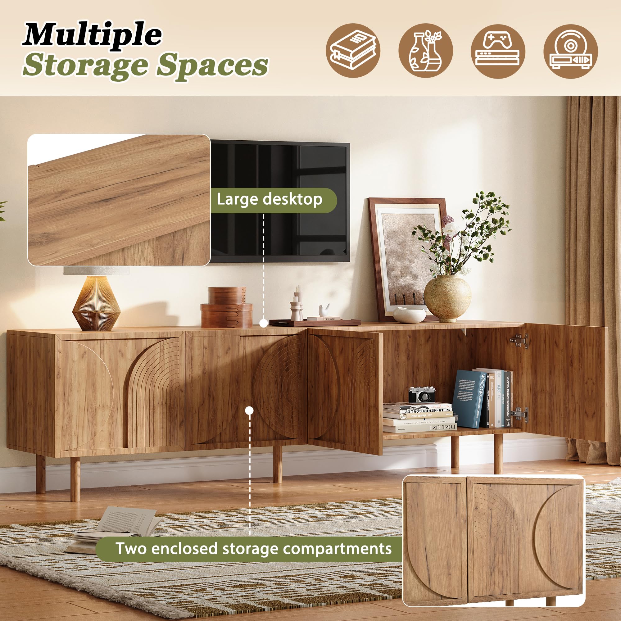 Mobile TV da 180 cm, mobile TV per TV da 75 pollici, mobile basso con 4 ante, 2 scomparti, moderno mobile TV con ampio spazio per soggiorno, design 3D in rilievo, colore legno, naturale