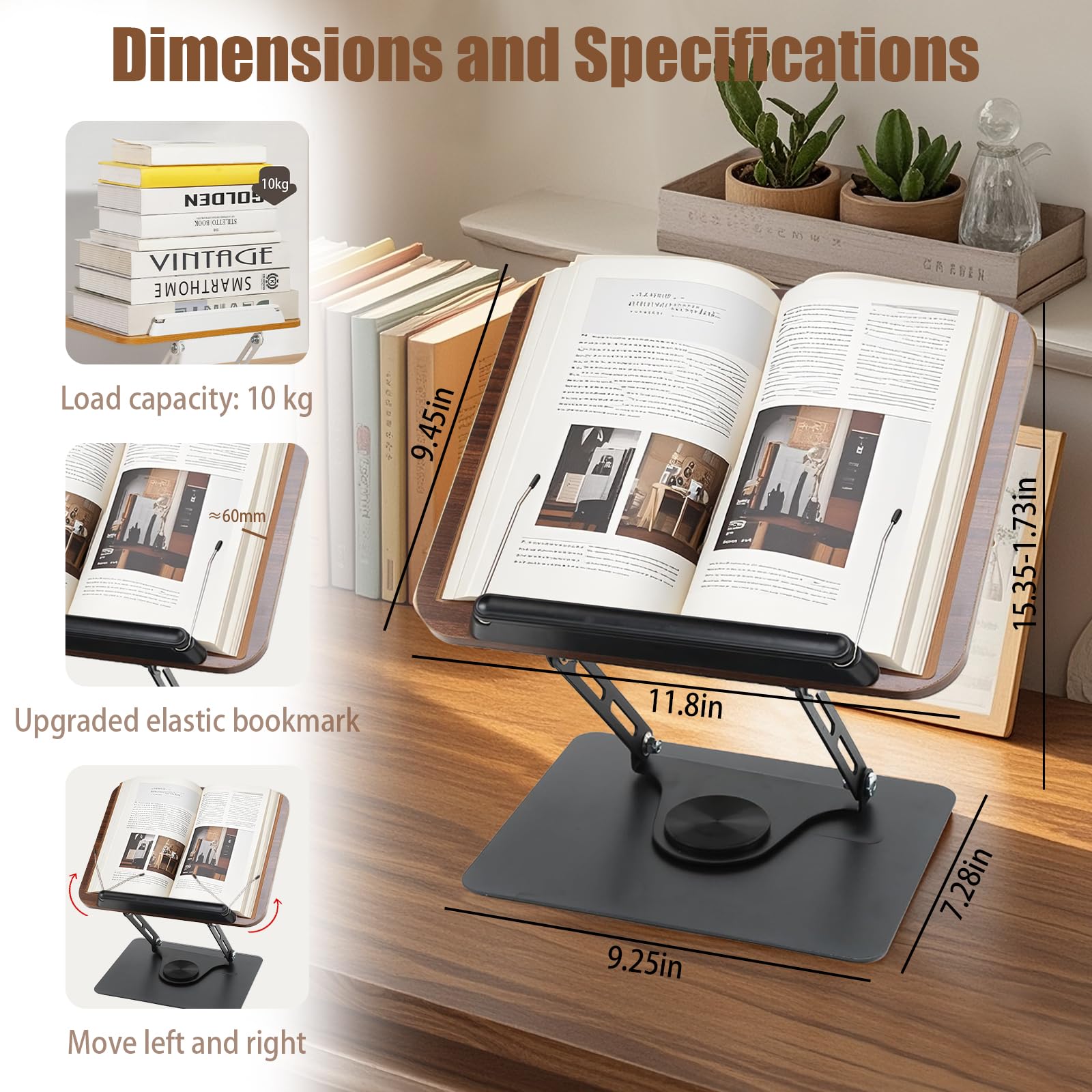 Porta Libri regolabile con pannello base girevole in legno e graffette Leggio da lettura Porta Libri resistente e porta Libri portatile per libri, cuochi, Ricette, iPad, Tablet, Spartito