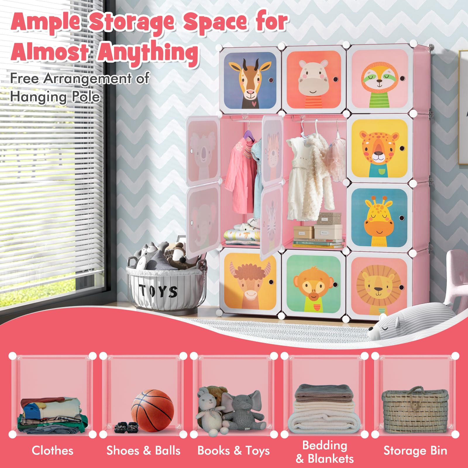 FANTASK Armadio per bambini, armadio modulare in plastica con 12 cubi, scaffale con ante e ganci, armadi per camera da letto (rosa+bianco, 12 cubi)