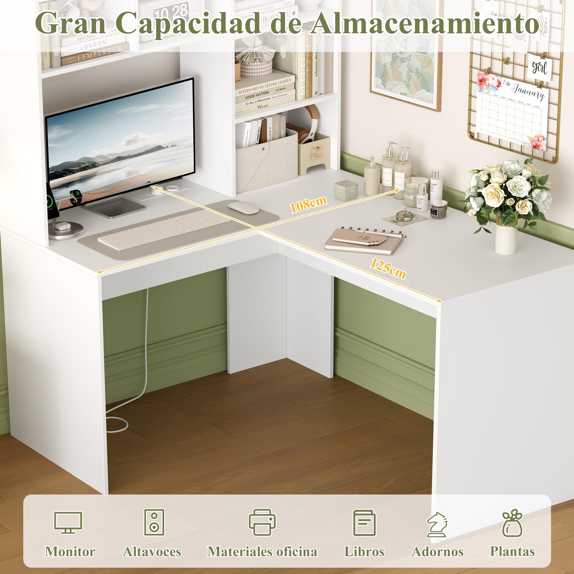 FirFurd Escritorio Esquinero con Estantería, Escritorio Juvenil, Mesa Ordenador en Forma de L, con Regleta, Mesa para Estudio, Dormitorio, Oficina, Blanco