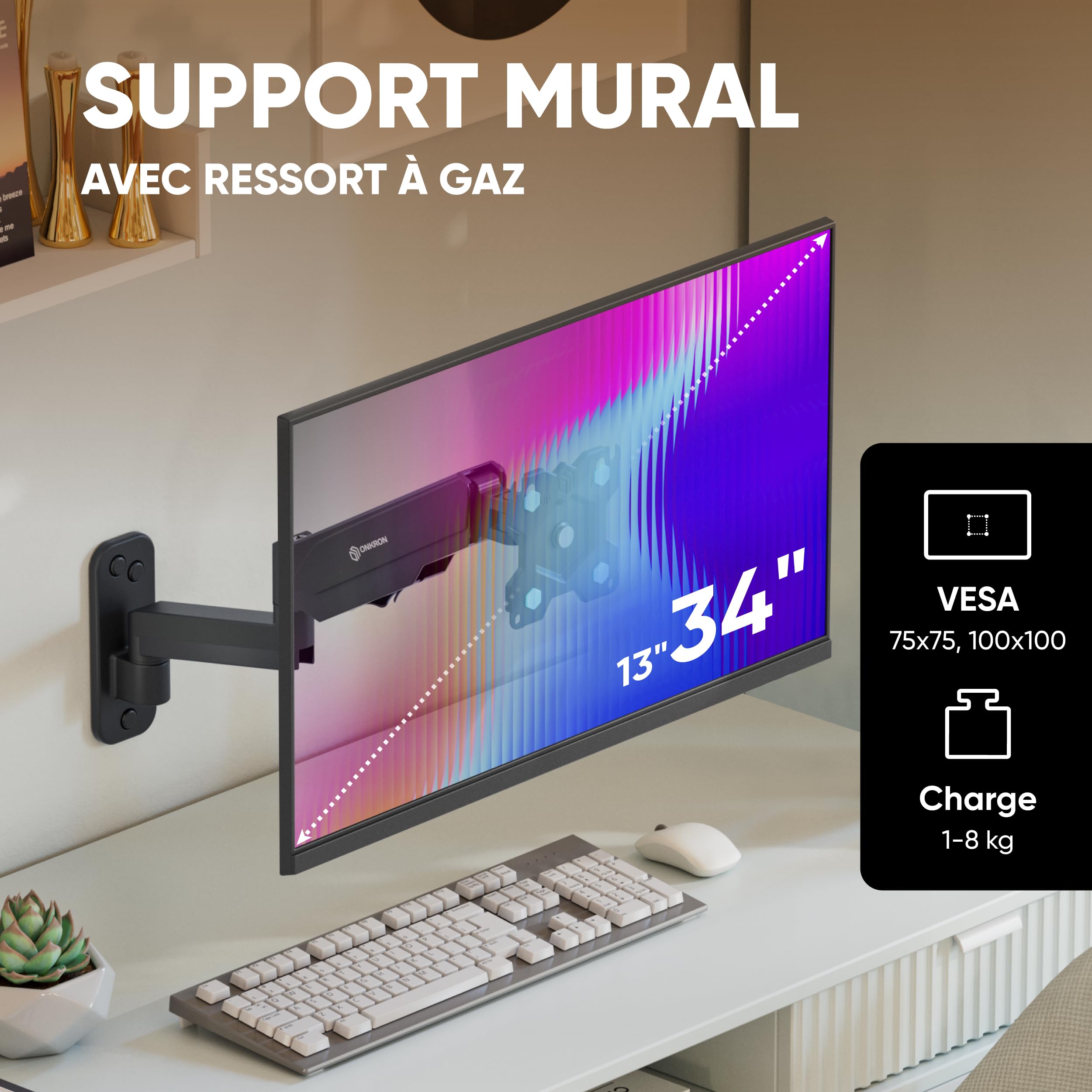 ONKRON Support Ecran PC Mural 13-34 Pouces, Support Mural TV/Ecran jusqu'à 8 kg - Bras Television Mural VESA 75x75 et VESA 100x100/Support Mural Ecran Inclinable Pivotant Orientable G150-B Noir