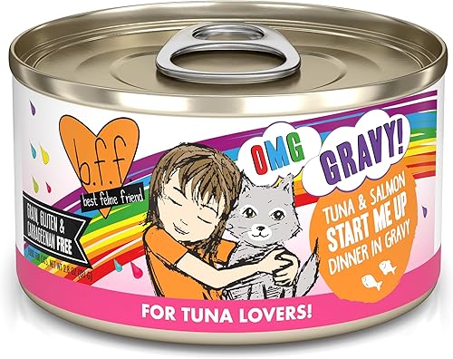 Weruva B.F.F. OMG - Best Feline Friend Oh My Gravy!, atún y salmón Start Me Up con atún y salmón, lata de 2.8 onzas (paquete de 12)