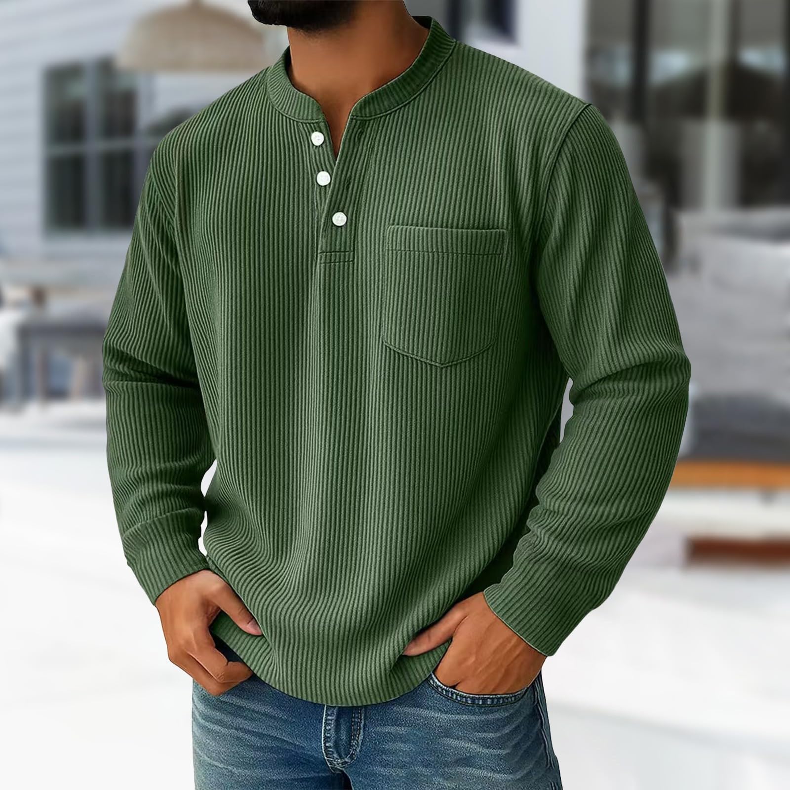 Camicia da uomo in denim, stile western, a maniche lunghe, girocollo, in denim, effetto lavato