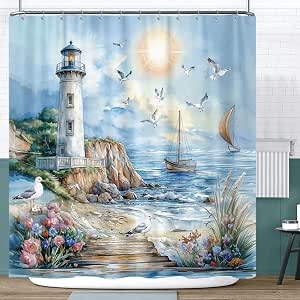 ZJRBJB Nautical Coastal Shower Curtain Set - Lighthouse, Sailboat & Seagulls Design, 72x108 Inches, Waterproof Polyester - View #8