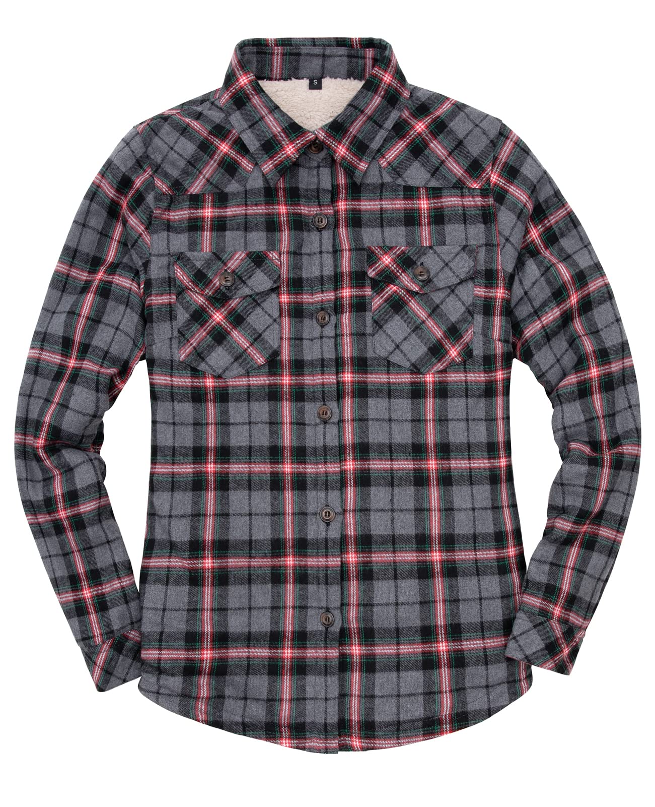 ZENTHACE Damen-Sherpa-Fleece-Futterte Plaid-Flannel-Jacke, Knopfverschluss-Flannel-Hemdjacke (Vollständige Sherpa-Futterung)
